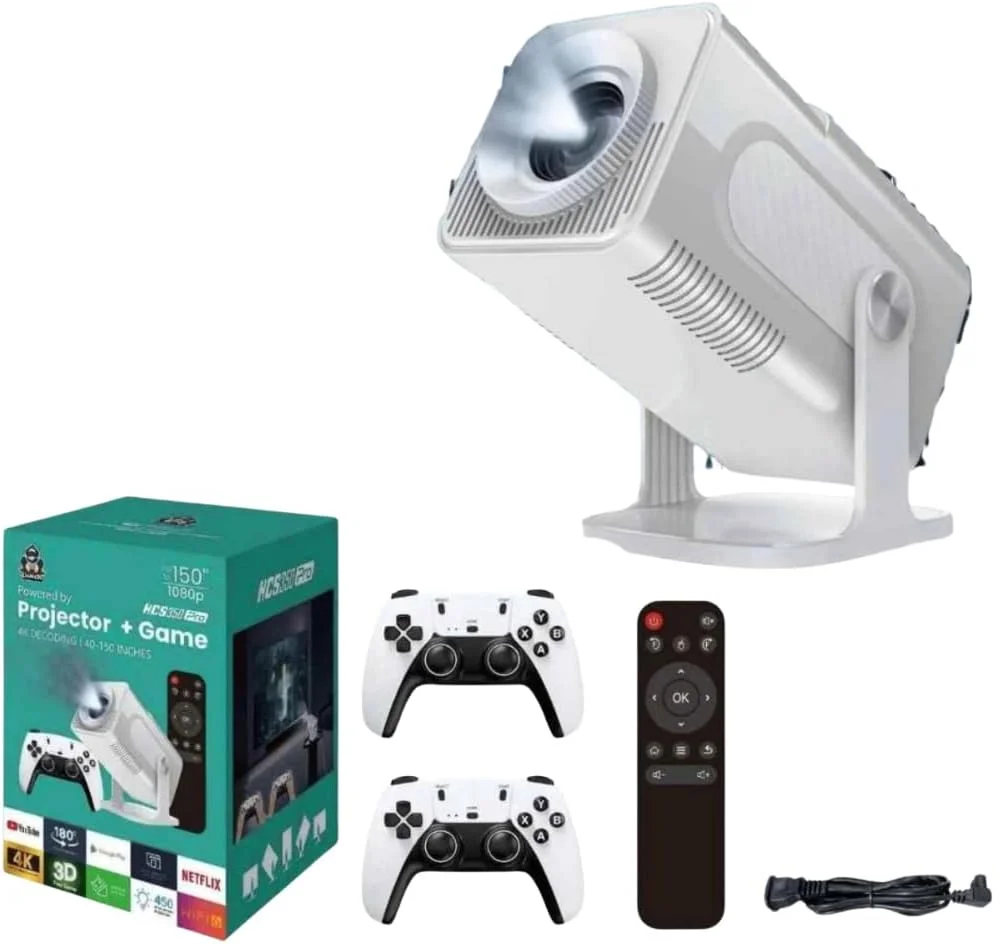 پروژکتور گیمینگ ویدئویی LCD فول اچ دی HCS350 Pro، رزولوشن 1080P، رمزگشایی 4K، نمایشگر تا 150 اینچ، وای فای و بلوتوث، کنترلرهای بی سیم، پشتیبانی از دستگاه های متعدد، بلندگوی دوگانه 5 واتی، بازی های یکپارچه یکپارچه