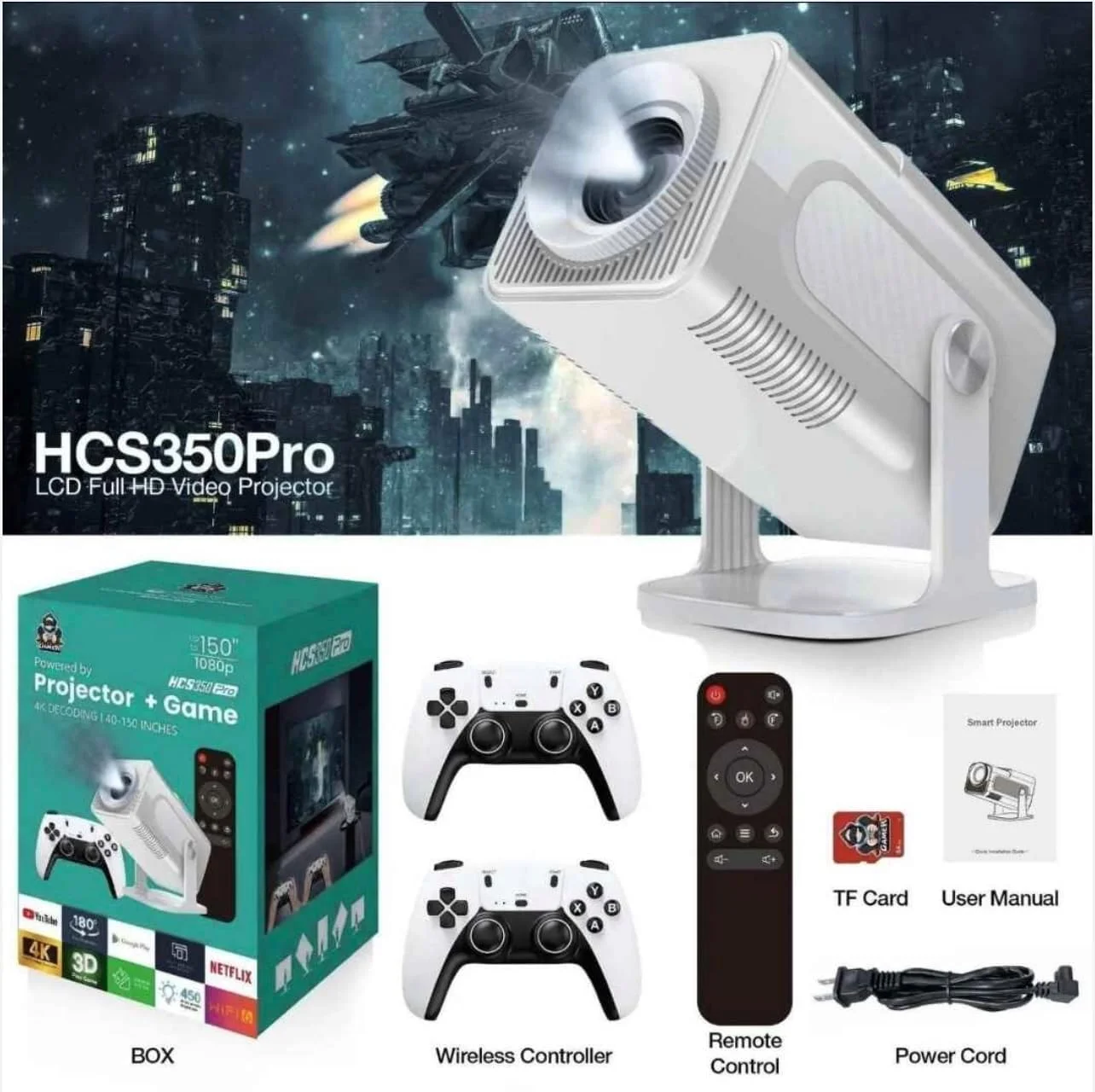 پروژکتور گیمینگ ویدئویی LCD فول اچ دی HCS350 Pro، رزولوشن 1080P، رمزگشایی 4K، نمایشگر تا 150 اینچ، وای فای و بلوتوث، کنترلرهای بی سیم، پشتیبانی از دستگاه های متعدد، بلندگوی دوگانه 5 واتی، بازی های یکپارچه یکپارچه