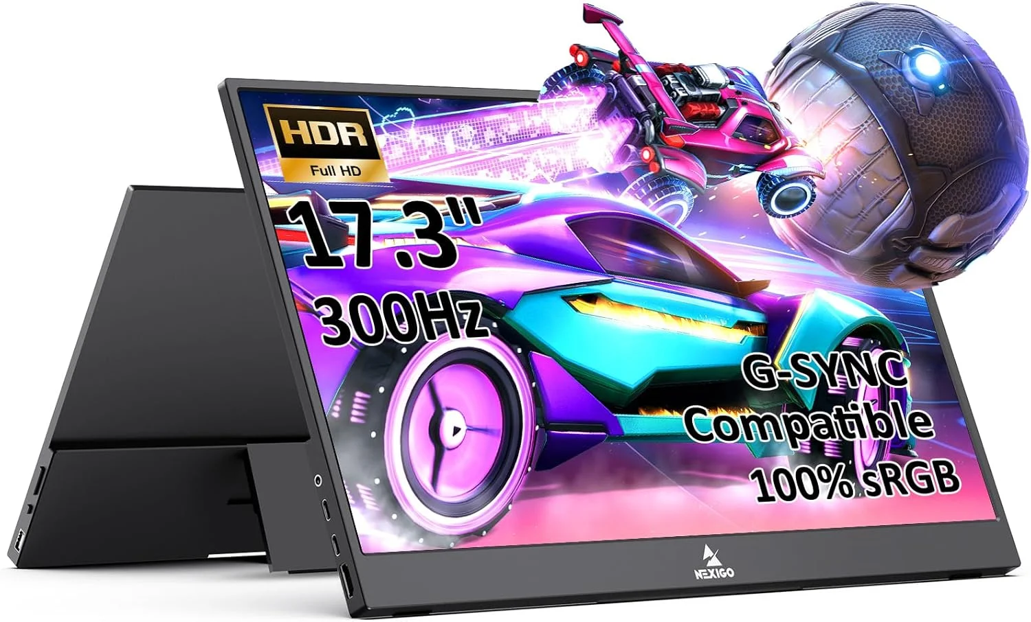 مانیتور قابل حمل 17.3 اینچی NexiGo 300Hz مدل (NG17FGQ-S)، سازگار با FreeSync و G-SYNC، صفحه نمایش FHD IPS مخصوص بازی، دارای بلندگوهای دوگانه و محافظت از چشم با پورت های HDMI/Type C برای لپ تاپ، کامپیوتر، مک و کنسول، دارای پایه داخلی