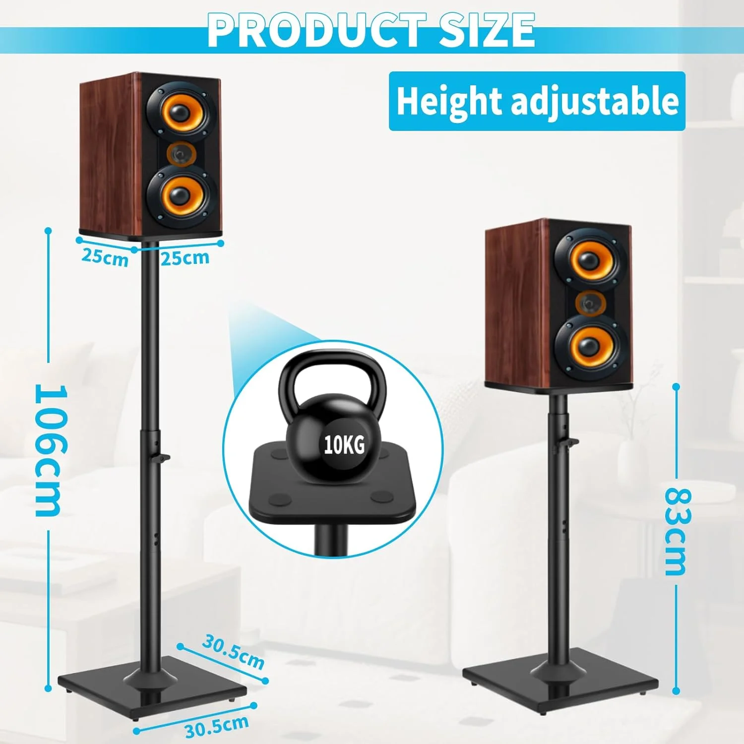 پایه بلندگو، پایه بلندگو سنگین، پایه‌های بلندگو برای صدای فراگیر، پایه ایستاده بلندگوی عقب با قابلیت تنظیم ارتفاع تا 10 کیلوگرم با مدیریت کابل، مجموعه 2 عددی پایه بلندگو