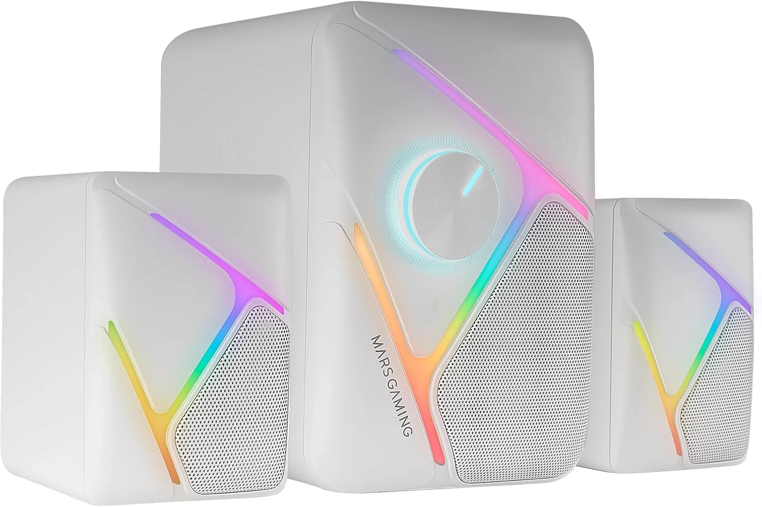 اسپیکر گیمینگ RGB 2.1 کاناله و ساب ووفر 35 واتی Mars Gaming MS-H21، سیستم درایور فراگیر سه بعدی معکوس، اسپیکرهای جمع و جور با نورپردازی RGB پویا، منبع تغذیه USB و کانکتور جک 3.5 میلی متری، سفید