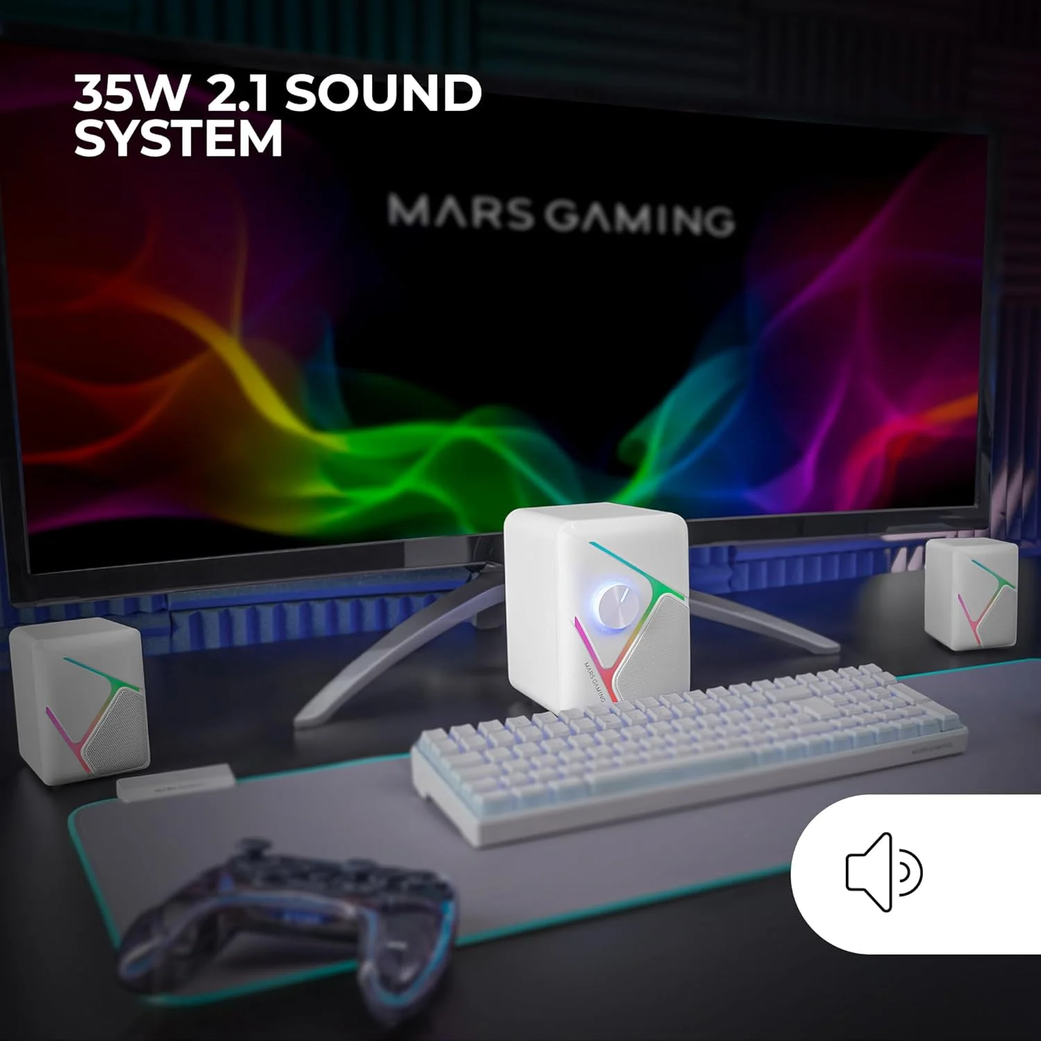 اسپیکر گیمینگ RGB 2.1 کاناله و ساب ووفر 35 واتی Mars Gaming MS-H21، سیستم درایور فراگیر سه بعدی معکوس، اسپیکرهای جمع و جور با نورپردازی RGB پویا، منبع تغذیه USB و کانکتور جک 3.5 میلی متری، سفید