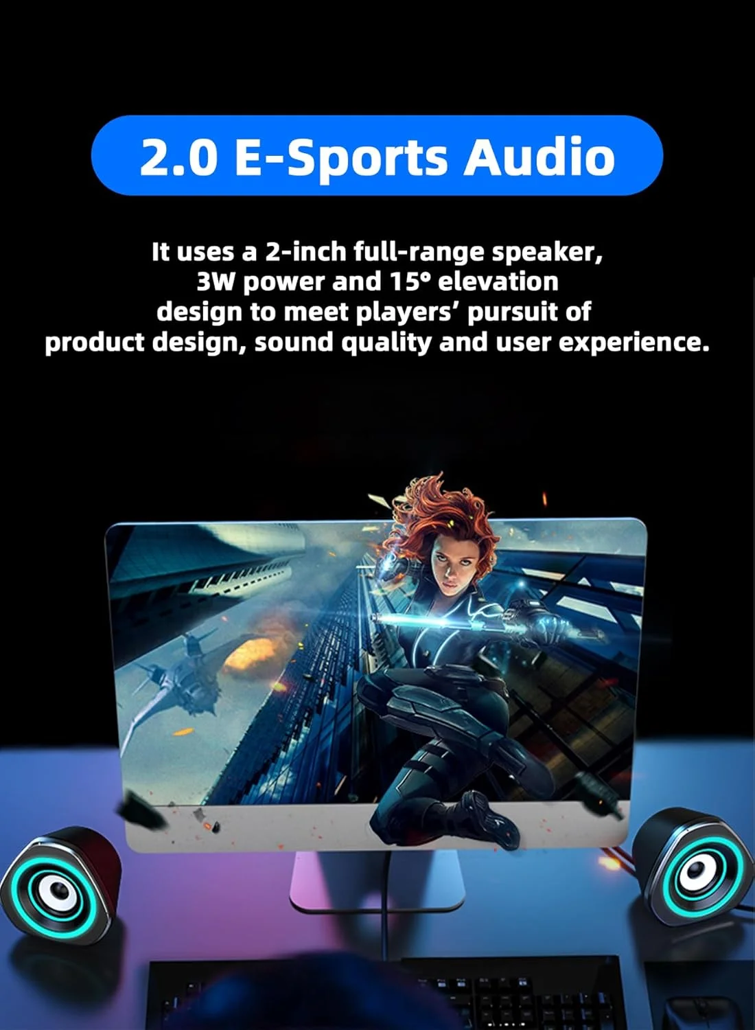 اسپیکرهای کامپیوتر USB، اسپیکرهای گیمینگ کامپیوتر رومیزی و لپ تاپ و تلفن همراه با ورودی USB 3.5 میلی متری AUX و نورهای آبی - مشکی