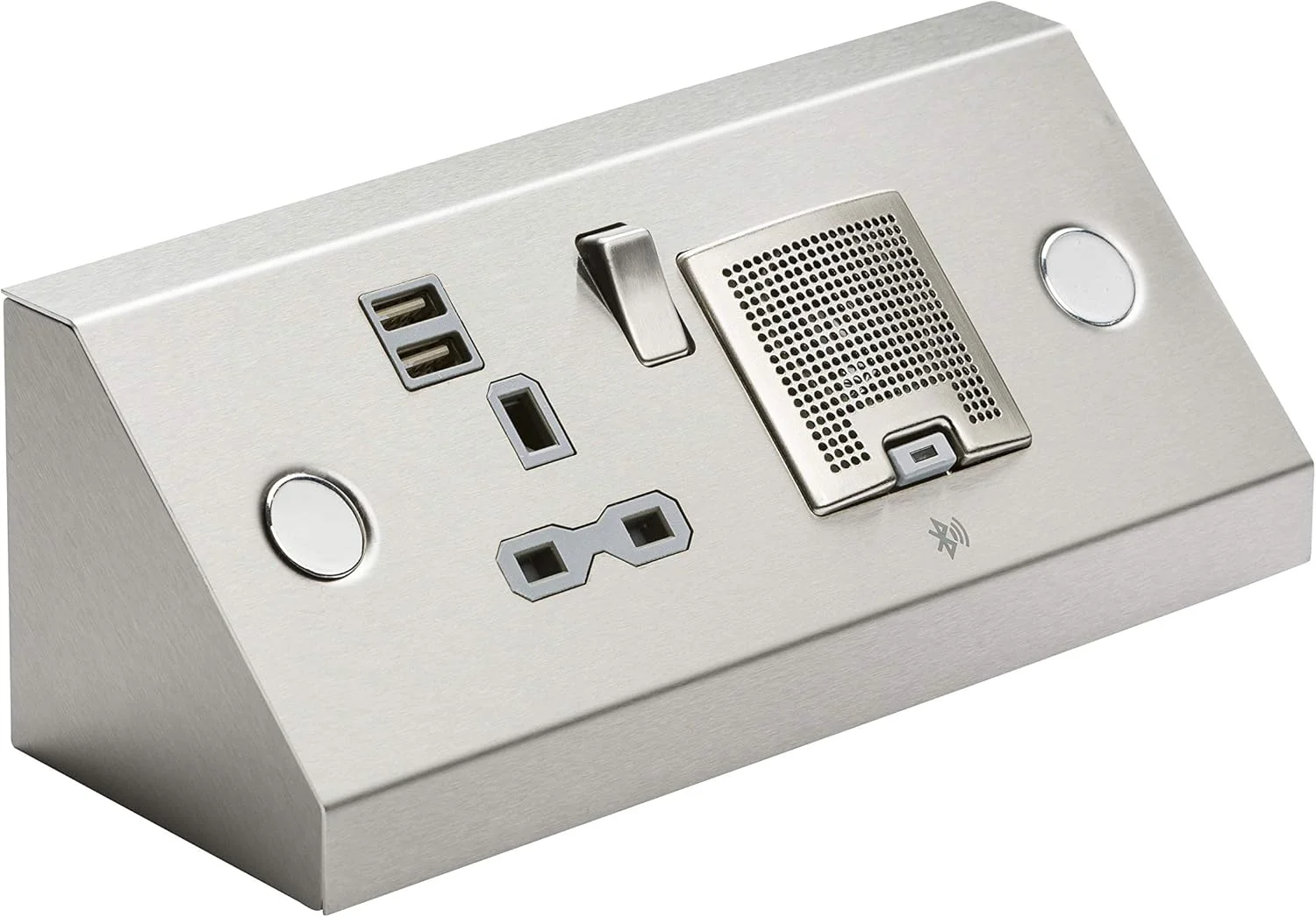 پریز برق ۱۳ آمپر نایتسبریج با دو پورت USB (2.4 آمپر) و بلندگوی بلوتوثی 3 واتی، دو پریز ۱۳ آمپر + USB + بلندگوی بلوتوثی، استیل ضد زنگ، SKR0014