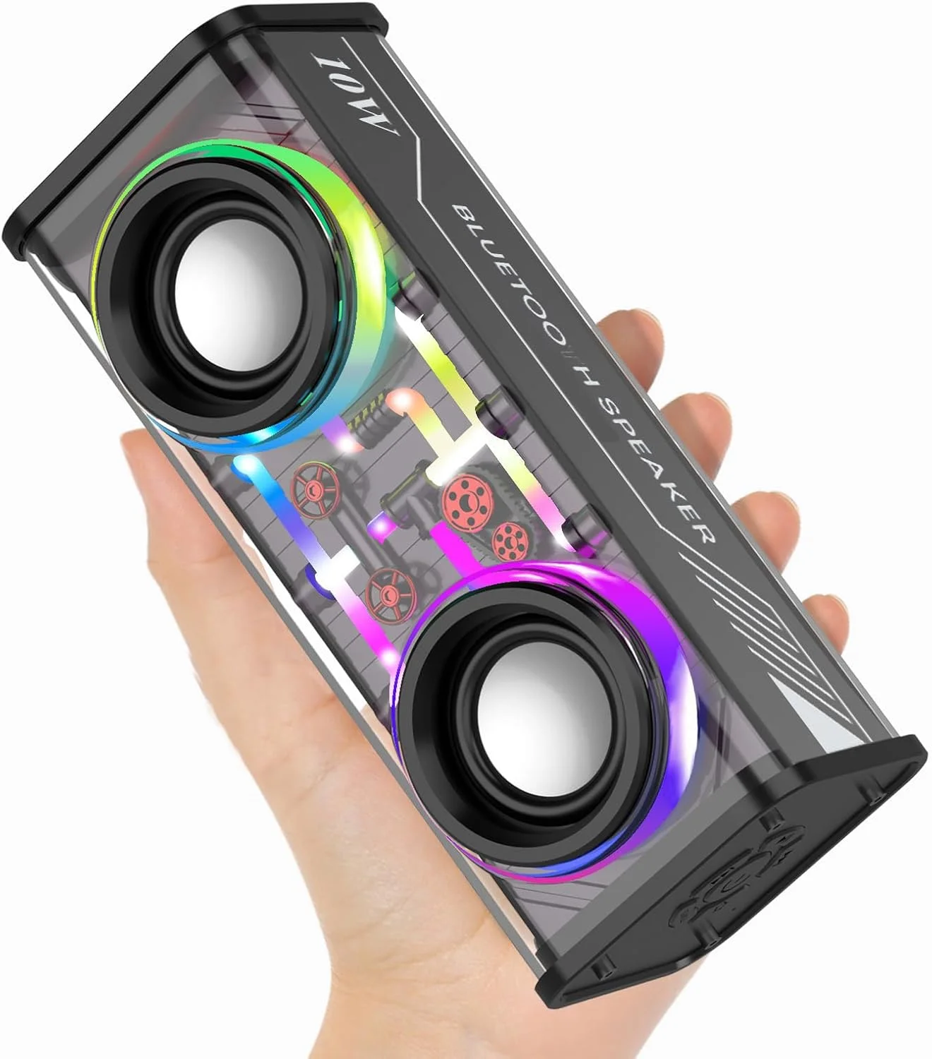 اسپیکر بلوتوث قابل حمل، اسپیکرهای بی سیم بلوتوث 5.3 با نورهای RGB و بدنه شفاف، پشتیبانی از جفت سازی TWS/کارت TF، صدای استریو 10 واتی، مناسب برای خانه، فضای باز، مسافرت (مشکی)