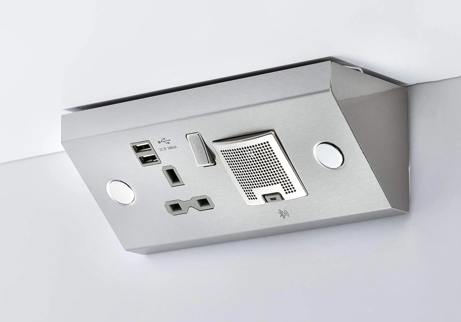 پریز برق ۱۳ آمپر نایتسبریج با دو پورت USB (2.4 آمپر) و بلندگوی بلوتوثی 3 واتی، دو پریز ۱۳ آمپر + USB + بلندگوی بلوتوثی، استیل ضد زنگ، SKR0014