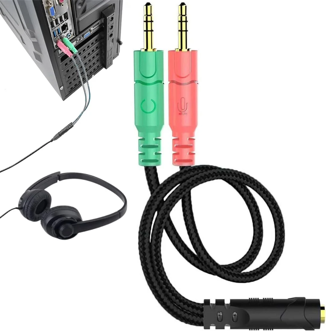 تبدیل کننده جک 3.5 میلی متری هدست و میکروفون برای کامپیوتر، کابل تبدیل جک 3.5 میلی متری مادگی به دو سر نری صدا برای بلندگوهای لپ تاپ کامپیوتر، مشکی، طول 20 سانتی متر