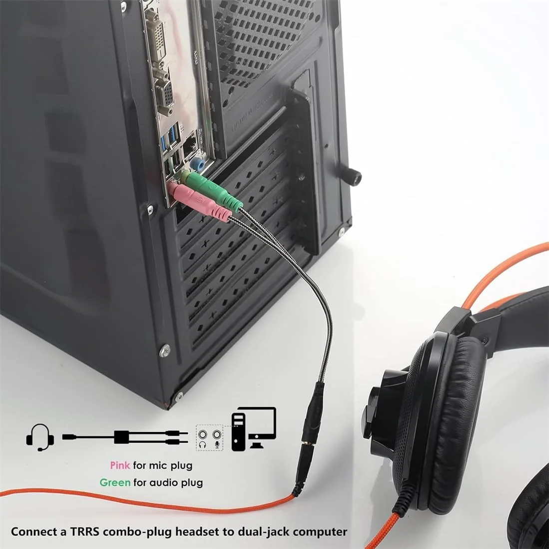 تبدیل کننده جک 3.5 میلی متری هدست و میکروفون برای کامپیوتر، کابل تبدیل جک 3.5 میلی متری مادگی به دو سر نری صدا برای بلندگوهای لپ تاپ کامپیوتر، مشکی، طول 20 سانتی متر