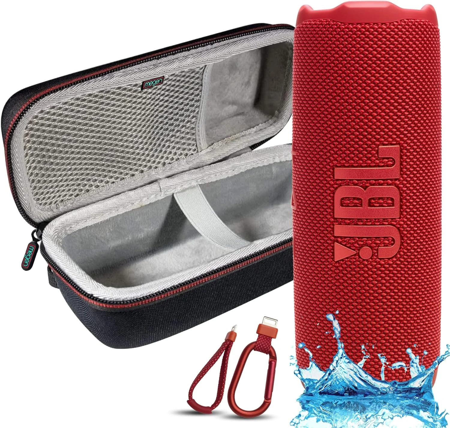 اسپیکر بلوتوثی قابل حمل JBL Flip 7، مقاوم در برابر آب با استاندارد IP68، مقاوم در برابر گرد و غبار، مقاوم در برابر افتادن، سیستم PushLock، تقویت صدای هوش مصنوعی، باتری 16 ساعته، کیف محافظ سخت Megen (قرمز)