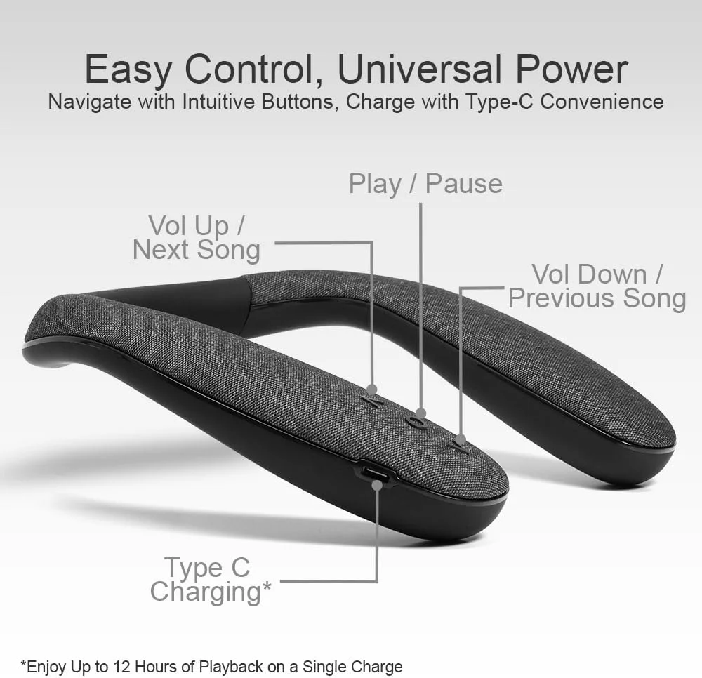 اسپیکر گردنی بی سیم HomeSpot JY508 - صدای استریو سه بعدی، 12 ساعت پخش، تأخیر کم برای بازی/تلویزیون، شارژ سریع Type-C، اسپیکر پوشیدنی برای خانه، دفتر و فضای باز