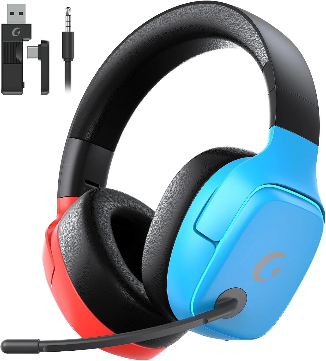 هدست گیمینگ بی‌سیم 2.4 گیگاهرتز برای سوییچ/لایت/اولد - هدفون گیمینگ بلوتوث 5.3 با صدای فراگیر 7.1 برای فورتنایت، اسپیکرهای 50 میلی‌متری، باتری 70 ساعته، نورپردازی آبی - آبی قرمز