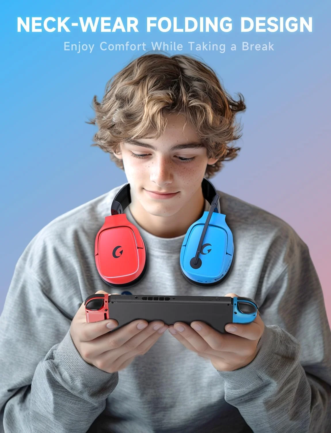 هدست گیمینگ بی‌سیم 2.4 گیگاهرتز برای سوییچ/لایت/اولد - هدفون گیمینگ بلوتوث 5.3 با صدای فراگیر 7.1 برای فورتنایت، اسپیکرهای 50 میلی‌متری، باتری 70 ساعته، نورپردازی آبی - آبی قرمز