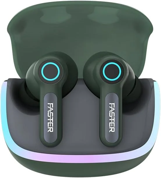 هدفون بی سیم فاستر NeoniX - بلوتوث 5.3، درایور دینامیک، تأخیر کم، بلندگوهای 13 میلی متری، ENC، نورپردازی RGB، پخش 6 ساعته، دستیار صوتی Siri و Google Assistant، کیس 500 میلی آمپر ساعتی و ظرفیت هدفون 40 میلی آمپر ساعتی (سبز آلفا)
