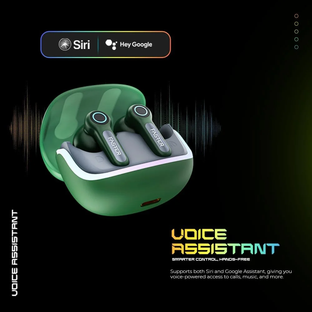 هدفون بی سیم فاستر NeoniX - بلوتوث 5.3، درایور دینامیک، تأخیر کم، بلندگوهای 13 میلی متری، ENC، نورپردازی RGB، پخش 6 ساعته، دستیار صوتی Siri و Google Assistant، کیس 500 میلی آمپر ساعتی و ظرفیت هدفون 40 میلی آمپر ساعتی (سبز آلفا)