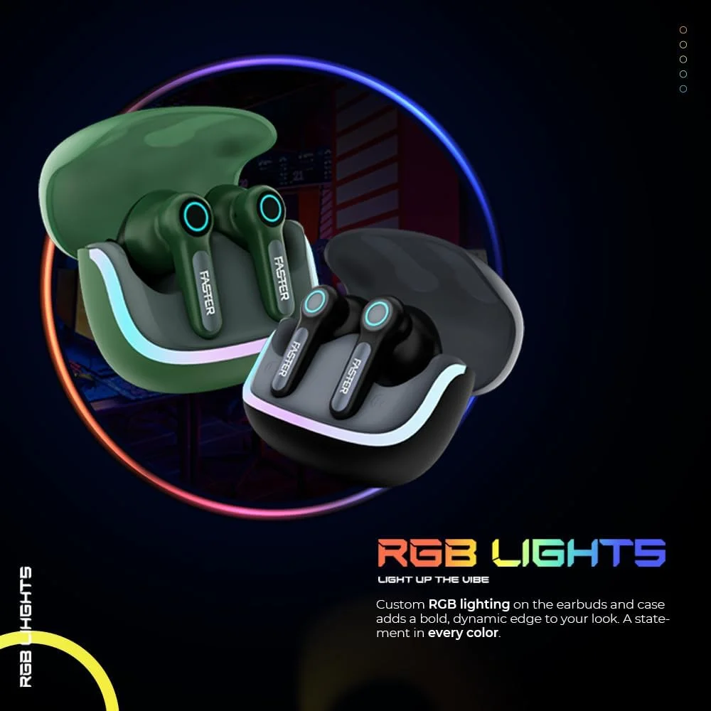 هدفون بی سیم فاستر NeoniX - بلوتوث 5.3، درایور دینامیک، تأخیر کم، بلندگوهای 13 میلی متری، ENC، نورپردازی RGB، پخش 6 ساعته، دستیار صوتی Siri و Google Assistant، کیس 500 میلی آمپر ساعتی و ظرفیت هدفون 40 میلی آمپر ساعتی (سبز آلفا)