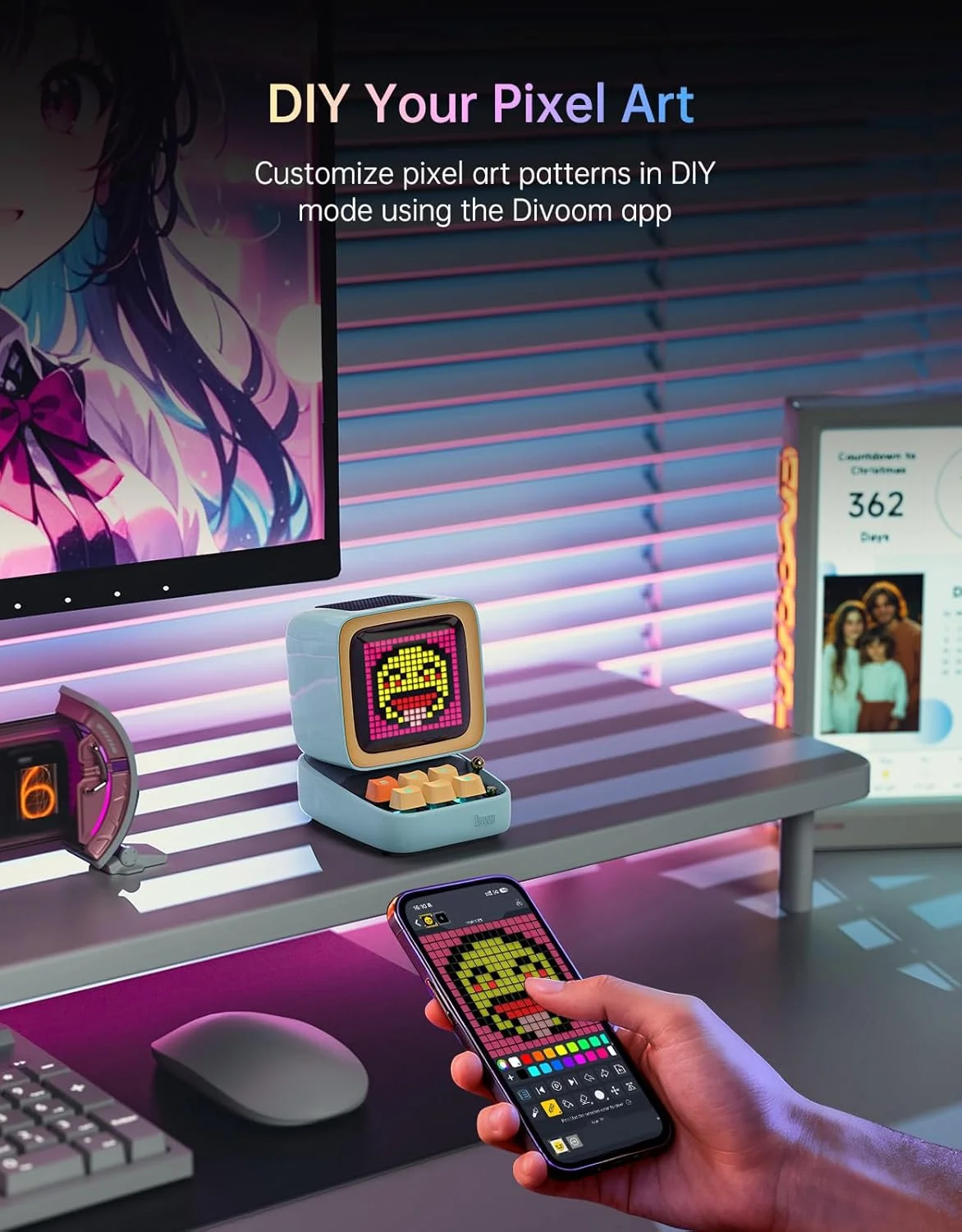 اسپیکر بلوتوثی Divoom Ditoo با طراحی پیکسلی رترو و صفحه نمایش LED با کنترل از طریق اپلیکیشن (آبی)