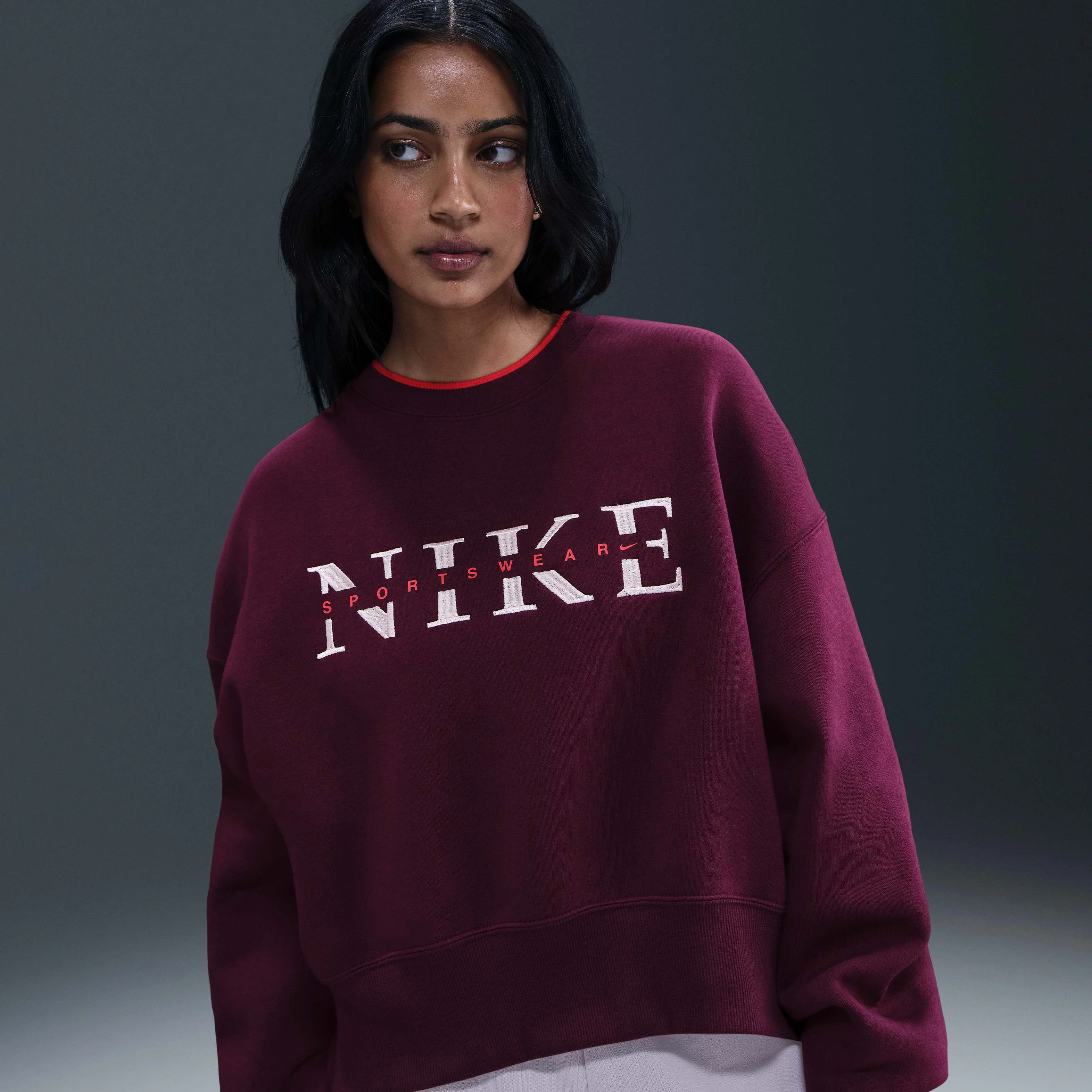 سویشرت زنانه یقه گرد Nike Sportswear Phoenix Fleece با سایز بزرگ - Bordeaux