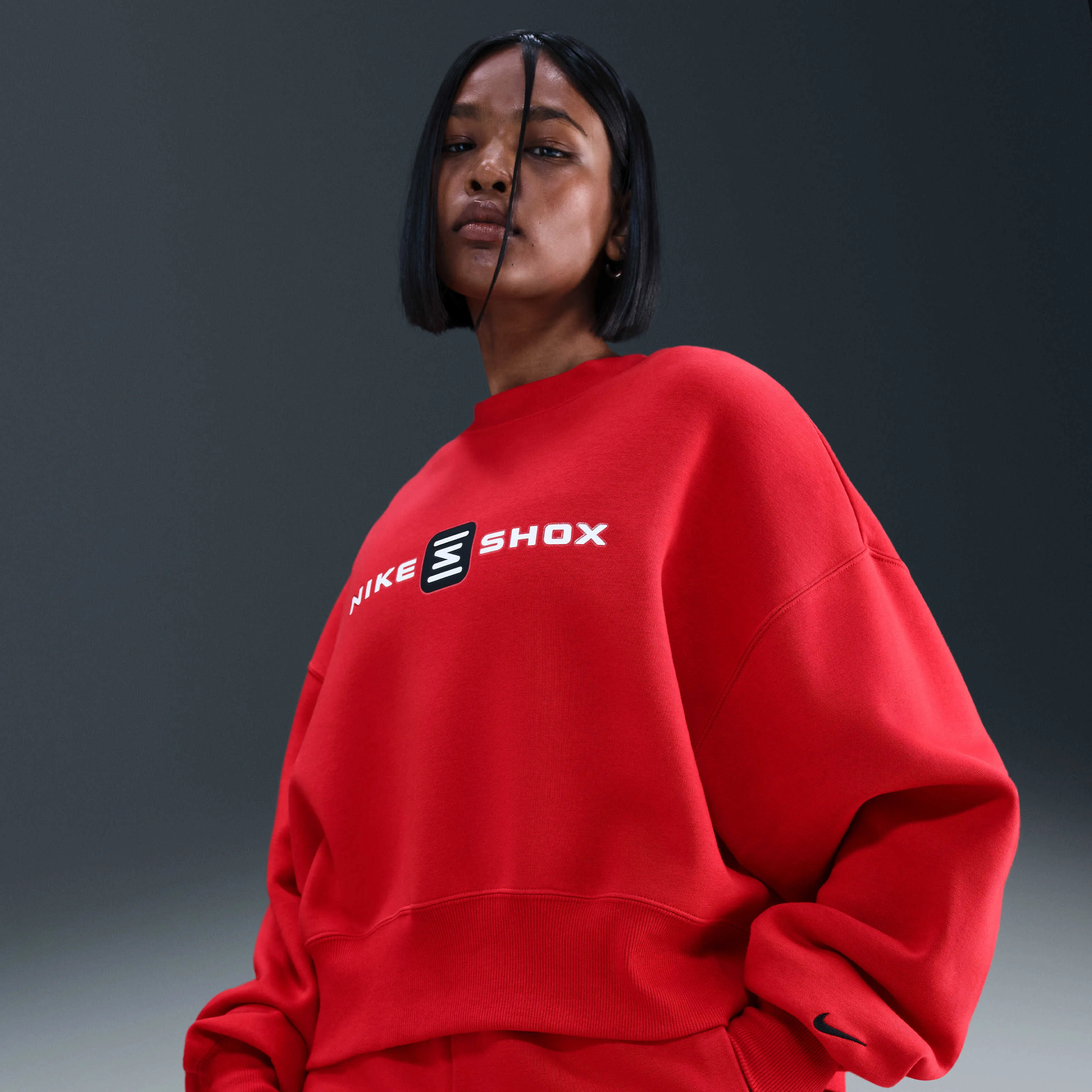 سویشرت زنانه یقه گرد بزرگ سایز Nike Sportswear Phoenix Fleece Shox - قرمز یونیورسیتی