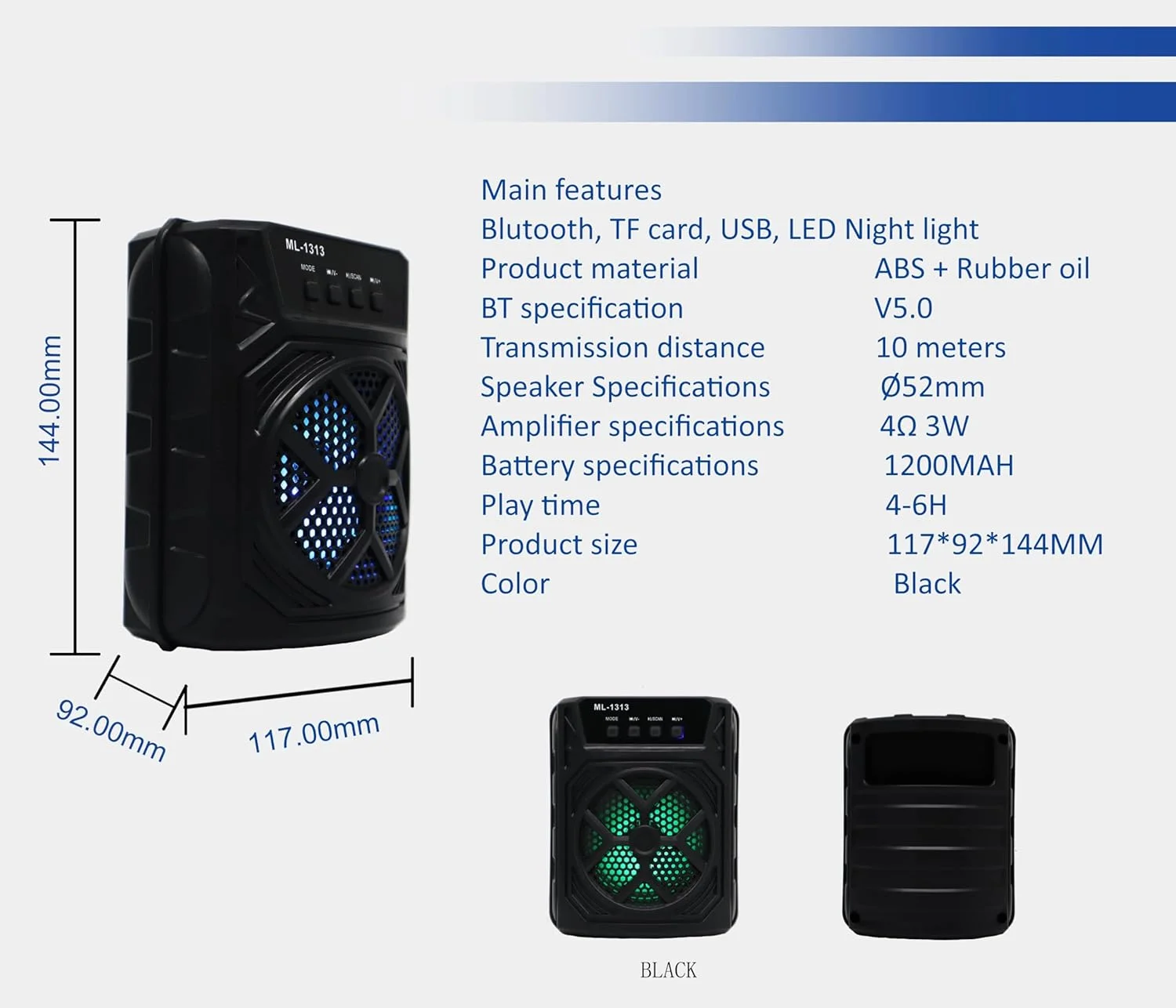 اسپیکر بلوتوثی بی سیم قابل حمل و جمع و جور با Micro SD، فلش مموری و AUX و چراغ های LED برای سینمای خانگی، پخش کننده صوتی قابل حمل، پخش کننده کارائوکه، کامپیوتر، فضای باز، مهمانی