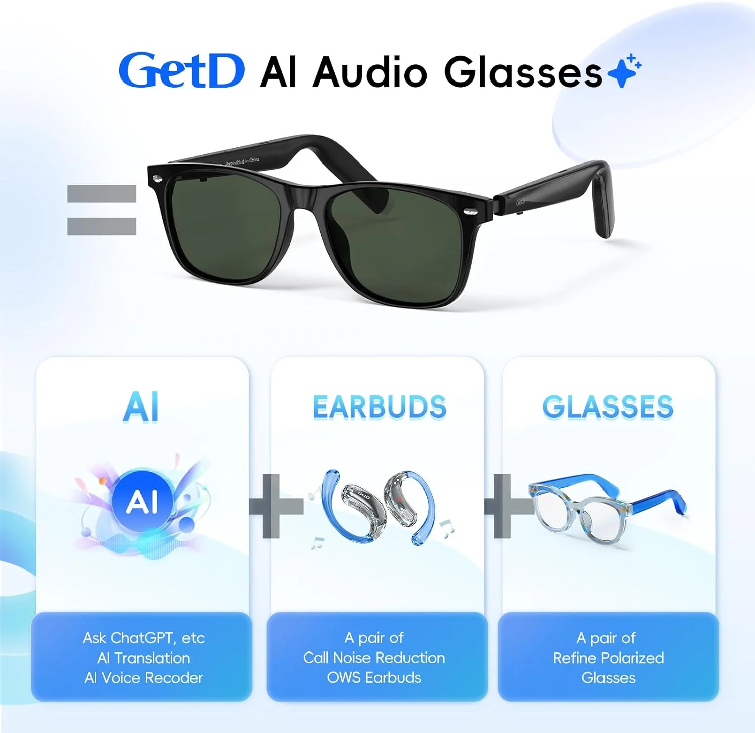 عینک آفتابی بلوتوثی برای آقایان/بانوان، مترجم هوش مصنوعی، عمر باتری 11 ساعته، لنز پلاریزه، محافظت در برابر اشعه ماوراء بنفش، کنترل صدا، میکروفون و بلندگوهای داخلی، عینک هوشمند برای جلسات بازی و مسافرت