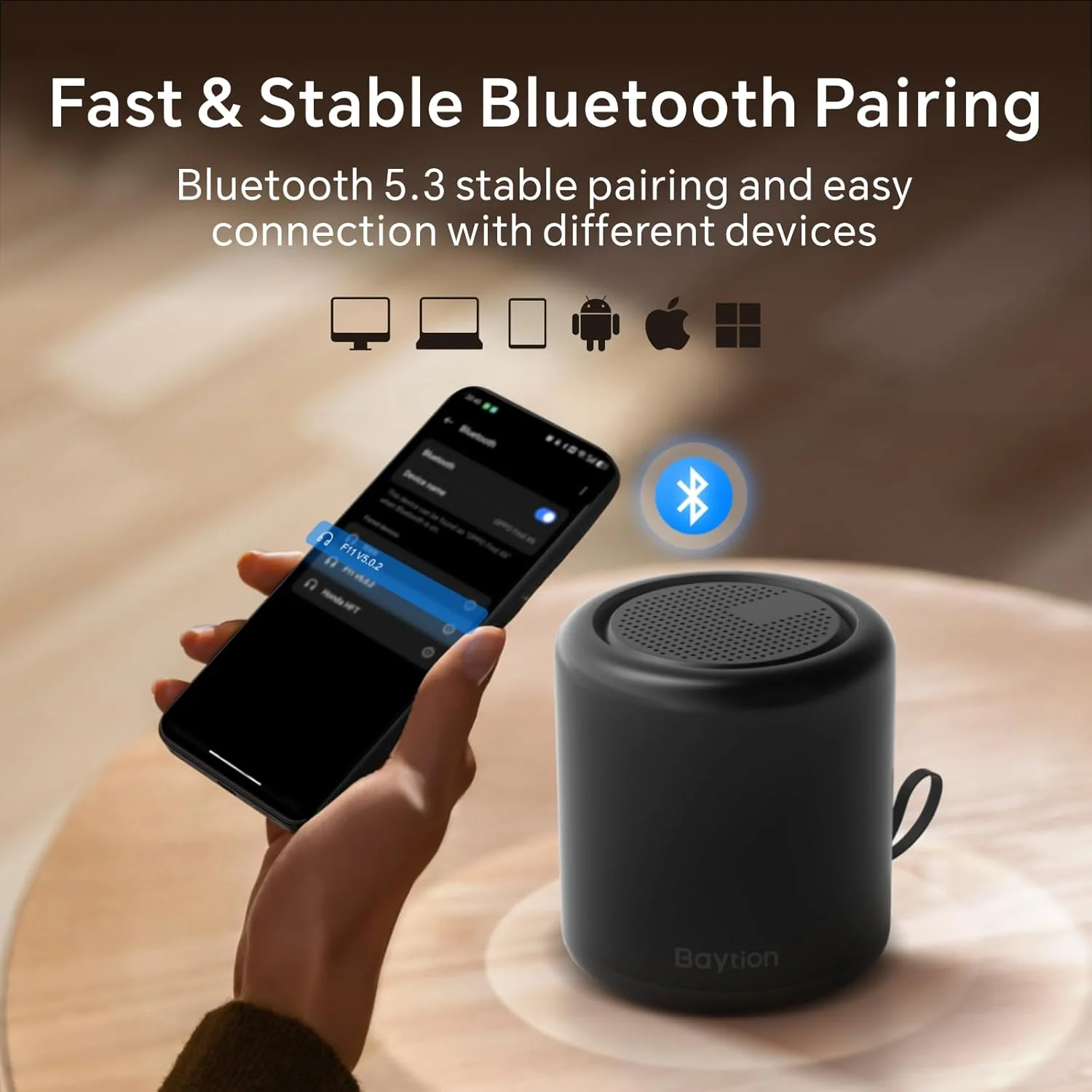 اسپیکر بلوتوثی قابل حمل Baytion، اسپیکرهای بلوتوثی بی سیم پایدار 5.0 با صدای HD، جفت شدن TWS و تماس هندزفری، اسپیکر ضد آب اتاق برای تلویزیون/خودرو/کامپیوتر/فضای باز (مشکی، کنترل صدا)