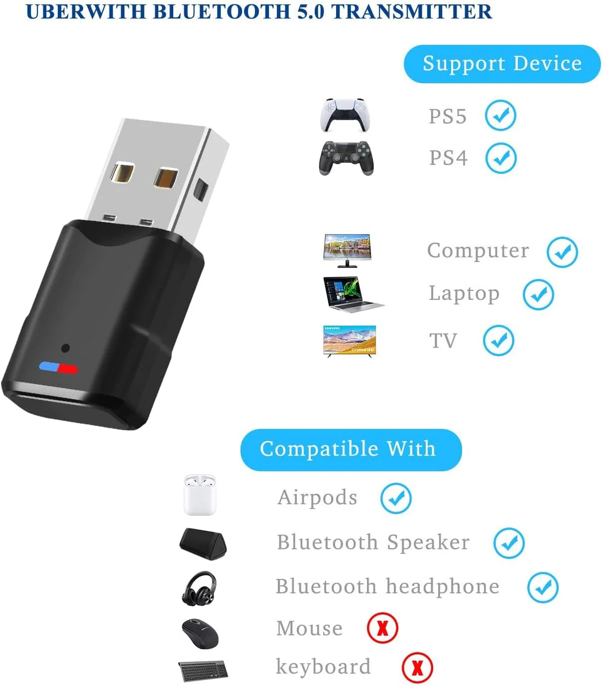 آداپتور صوتی بلوتوث برای PS5/PS4، دانگل USB بلوتوث 5.3 سازگار با ایرپادز، هدفون، بلندگوها، آداپتور بلوتوث بی سیم برای ویندوز 10/8/7/XP، دانگل بازی با تأخیر کم آداپتور صوتی بلوتوث برای PS5/PS4، دانگل USB بلوتوث 5.3 سازگار با ایرپادز، هدفون، بلندگوها، آداپتور بلوتوث بی سیم برای ویندوز 10/8/7/XP، دانگل بازی با تأخیر کم