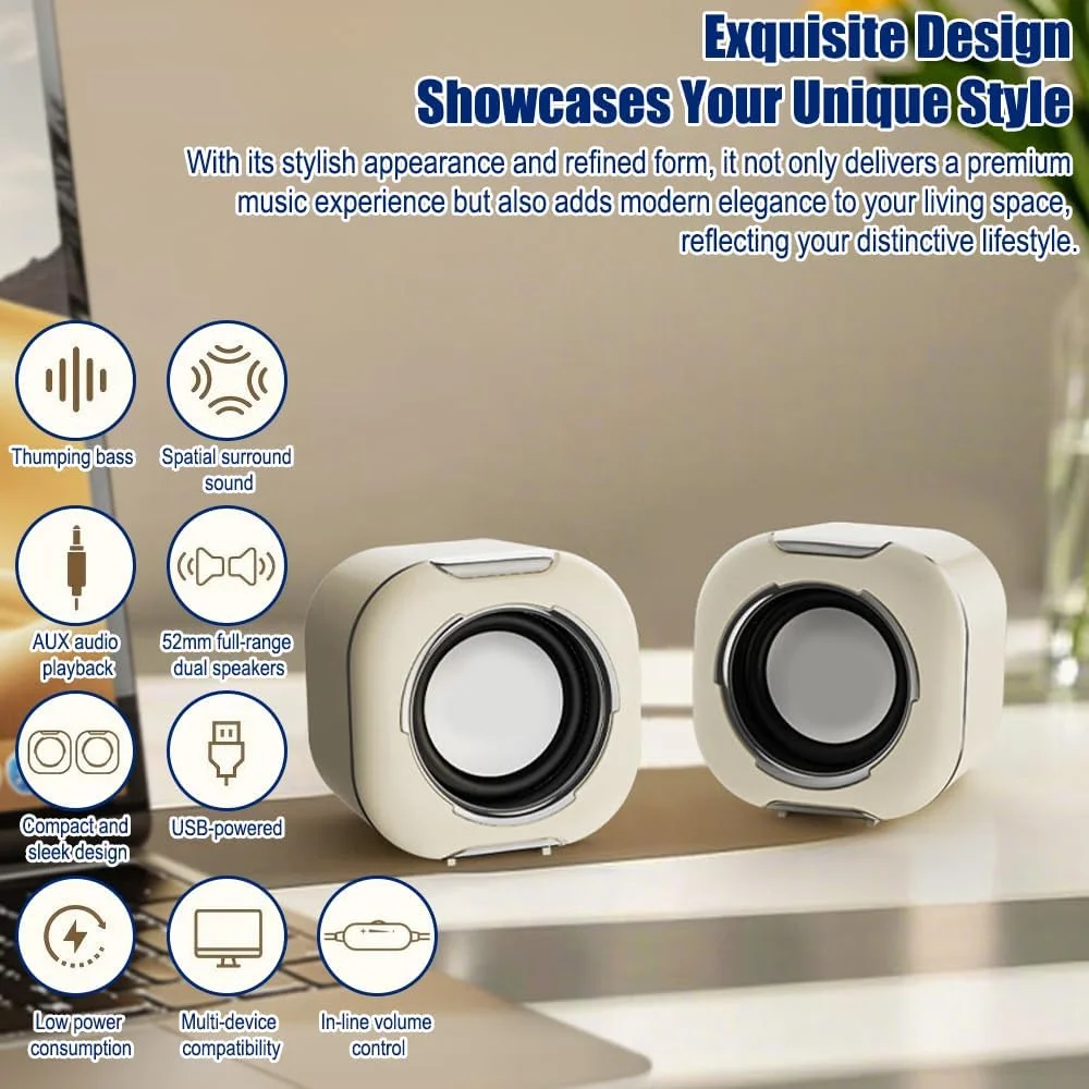اسپیکر کامپیوتر 3 اینچی برای کامپیوتر رومیزی یا لپ تاپ، تغذیه از طریق USB C/USB، صدای شفاف، بیس قوی، صدای بلند، کنترل مستقیم، Plug-N-Play - سفید