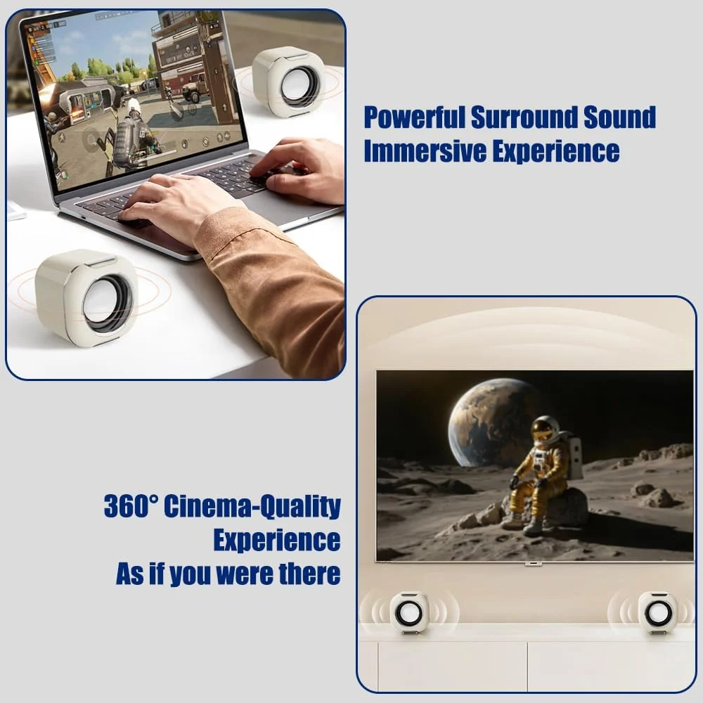 اسپیکر کامپیوتر 3 اینچی برای کامپیوتر رومیزی یا لپ تاپ، تغذیه از طریق USB C/USB، صدای شفاف، بیس قوی، صدای بلند، کنترل مستقیم، Plug-N-Play - سفید