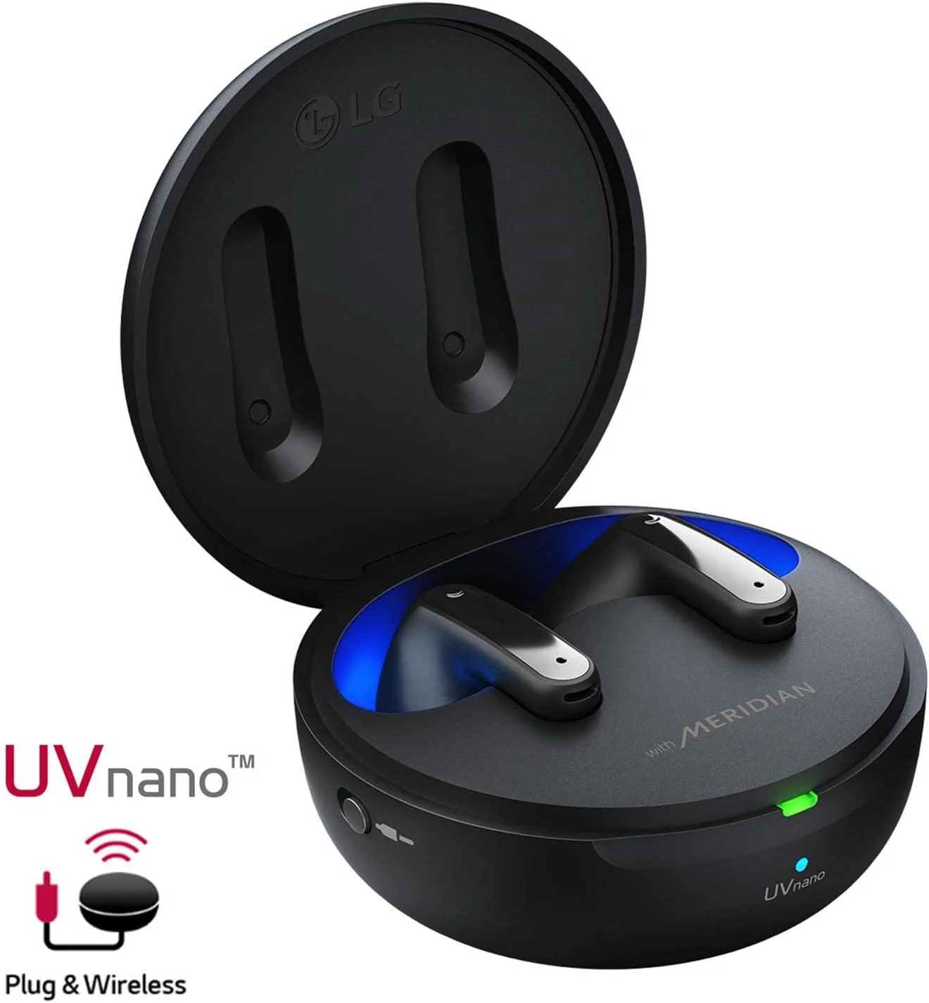 هدفون بی‌سیم بلوتوثی ال‌جی TONE Free UFP9 - قابلیت اتصال بی‌سیم، حذف نویز فعال پیشرفته، فناوری UVnano برای از بین بردن 99.9% باکتری‌ها، صدای فراگیر سه بعدی، 3 میکروفون برای کار/دفتر کار خانگی، مشکی