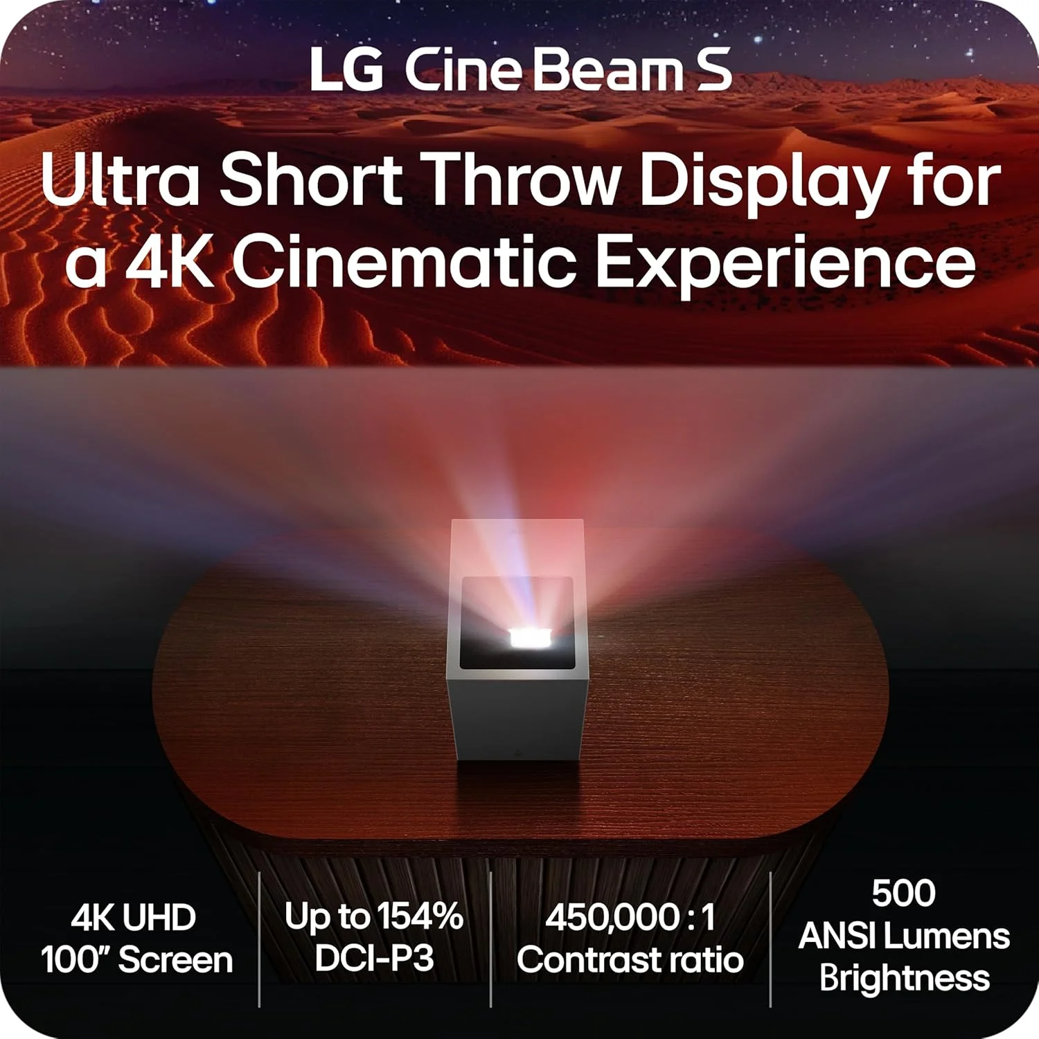 پروژکتور هوشمند 4K UHD فوق العاده کوتاه برد ال‌جی CineBeam S PU615U، تنظیم خودکار صفحه نمایش، تصویر تا 100 اینچ، تا 154% DCI-P3، کنتراست 450,000:1، بلندگوها با Dolby Atmos، HDR10، HDMI، USB، HID