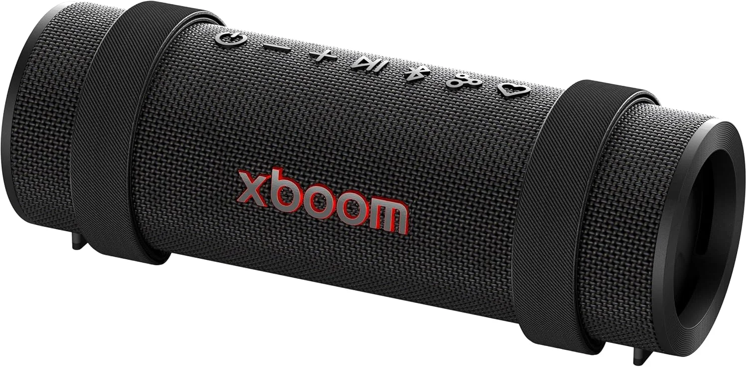 اسپیکر بلوتوثی قابل حمل LG xboom با صدای Signature، تا 20 ساعت پخش، مقاوم در برابر گرد و غبار و آب IP67، دوام MIL-STD 810H، دارای بند حمل قابل تنظیم