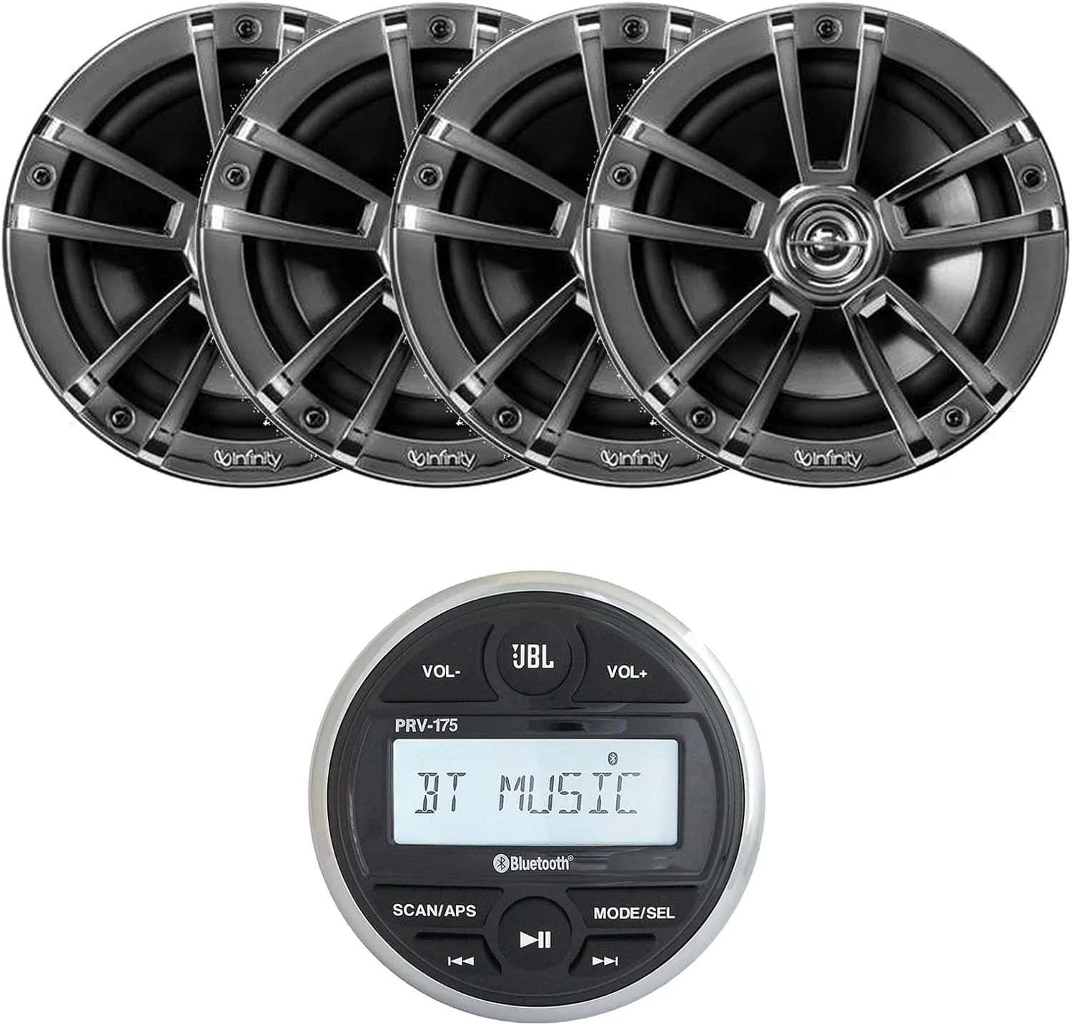 گیرنده استریو دیجیتال بلوتوث USB AM/FM دریایی JBL PRV-175 با قابلیت نصب در سوراخ گیج، بلندگوهای کرومی صوتی قایق 6.5 اینچی 225 واتی با عملکرد بالا (2 جفت)