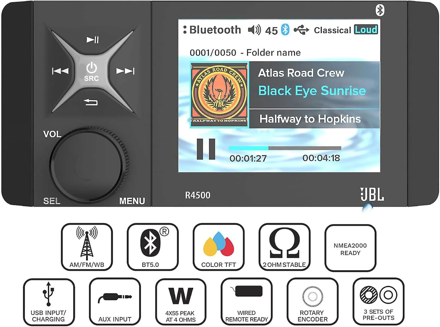 واحد منبع سری JBL R4500 Wake - گیرنده صفحه نمایش رنگی 4 اینچی با بلوتوث (5.0)، AM/FM/WB، ورودی/شارژ USB/ورودی Aux/ورودی ویدئو، رمزگذار چرخشی، 3 خروجی دیفرانسیل سطح خط منطقه