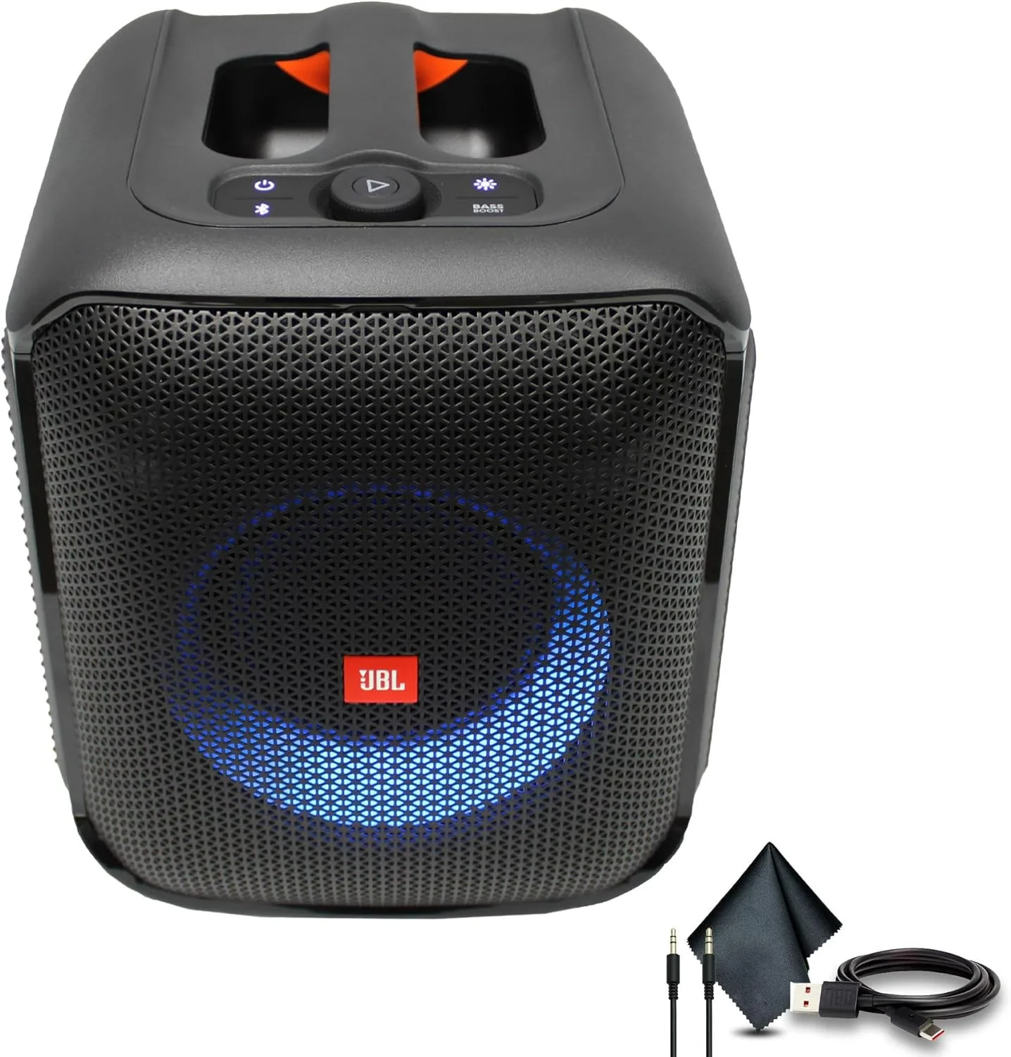 اسپیکر بی سیم JBL Partybox Encore Essential، صدای 100 واتی، نمایش نور پویا داخلی و طراحی مقاوم در برابر پاشش آب (JBLPBENCOREESSAM) + کابل AUX + کابل USB-C + پارچه میکروفایبر
