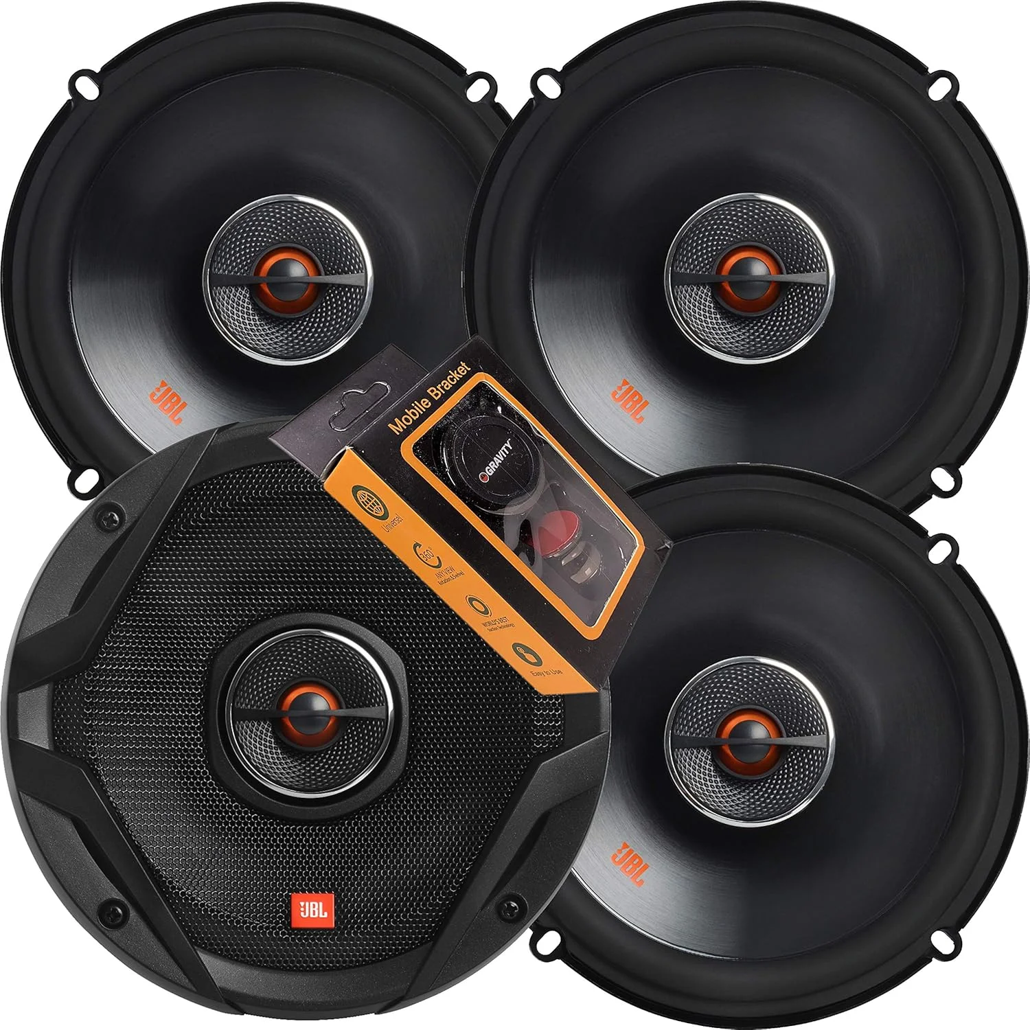دو جفت بلندگوی کواکسیال خودرو JBL سری Club، سایز 6-1/2 اینچ، با توان خروجی 60 وات RMS، 180 وات پیک، پاسخ فرکانسی: 50 هرتز – 21 کیلوهرتز و یک عدد هولدر مغناطیسی گوشی موبایل