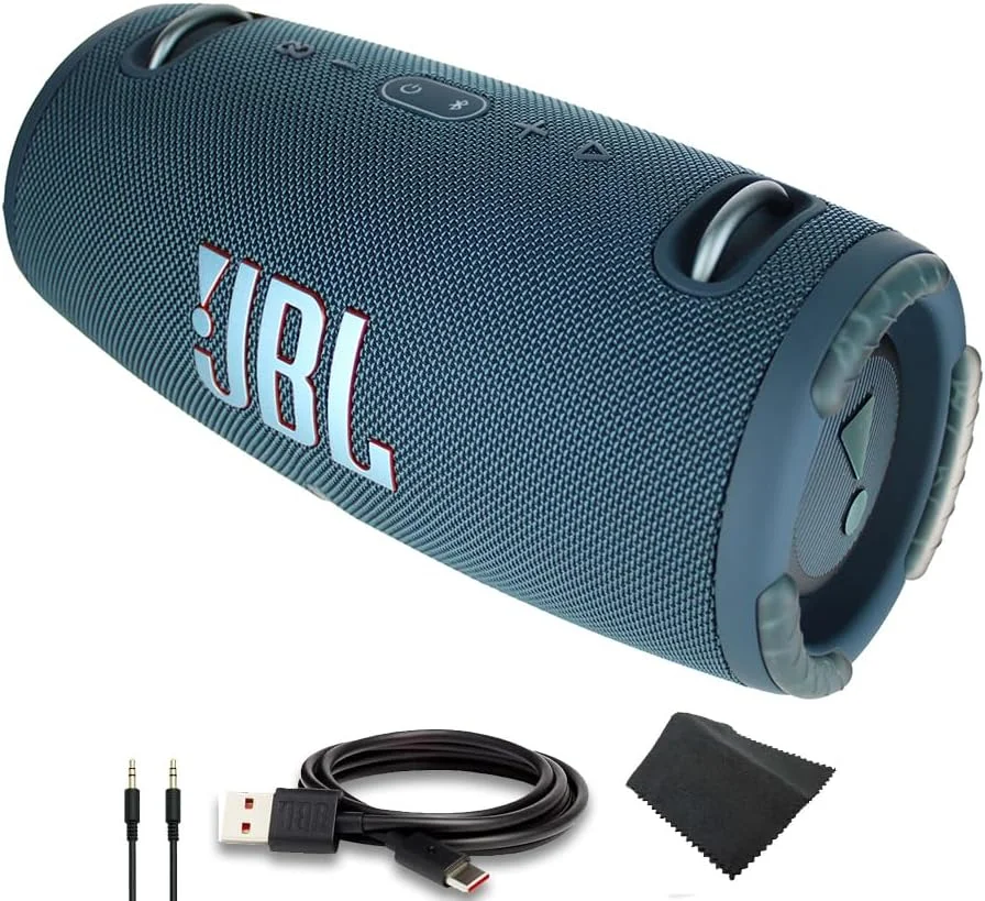 اسپیکر بلوتوثی قابل حمل JBL Xtreme 3، ضد آب IP67، 15 ساعت پخش (آبی) (JBLXTREME3BLAM) + کابل AUX + کابل USB-C + پارچه میکروفایبر اسپیکر بلوتوثی قابل حمل JBL Xtreme 3، ضد آب IP67، 15 ساعت پخش (آبی) (JBLXTREME3BLAM) + کابل AUX + کابل USB-C + پارچه میکروفایبر