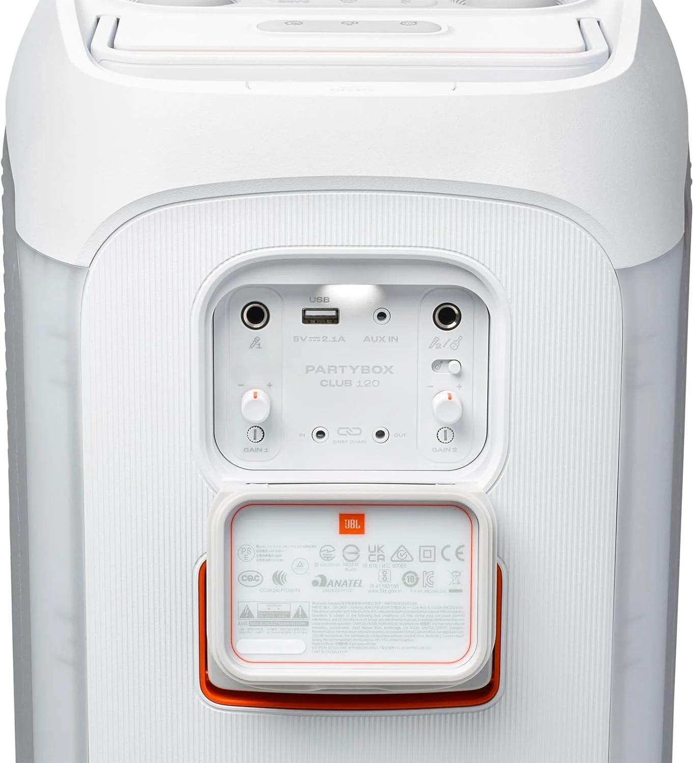 اسپیکر مهمانی قابل حمل JBL PartyBox Club 120 با دسته تاشو، صدای حرفه ای قدرتمند، نمایش نورهای مدرن، تا 12 ساعت پخش، مقاوم در برابر پاشش آب، ورودی میکروفون و گیتار دوتایی (سفید)