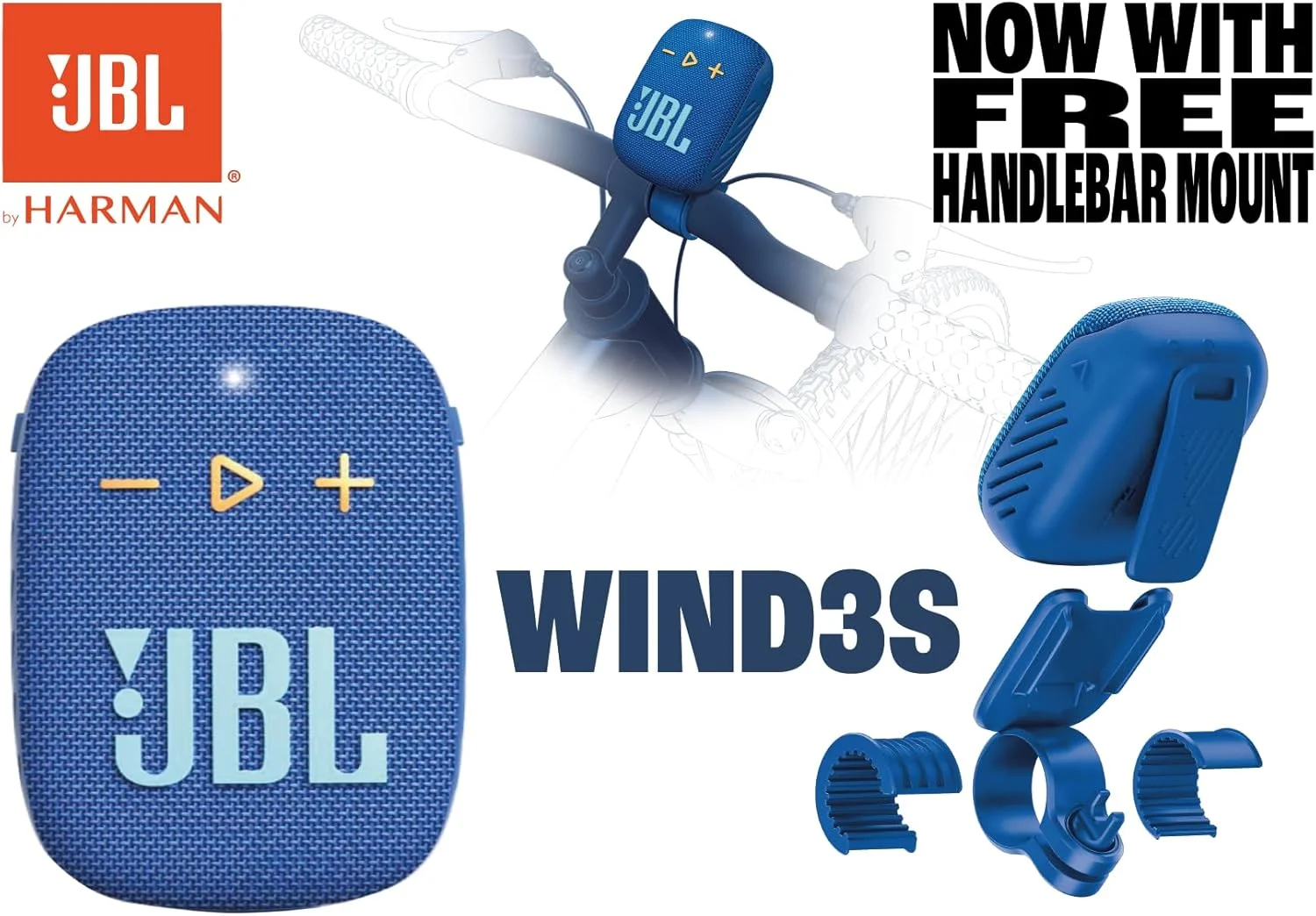 اسپیکر بلوتوثی قابل حمل JBL Wind 3S آبی، 5 وات RMS، 84dB، 110Hz-20kHz، درایور 1.75 اینچی، IP67، باتری 1050mAh، بلوتوث 5.0، USB-C، پایه فرمان، اسپیکر فضای باز