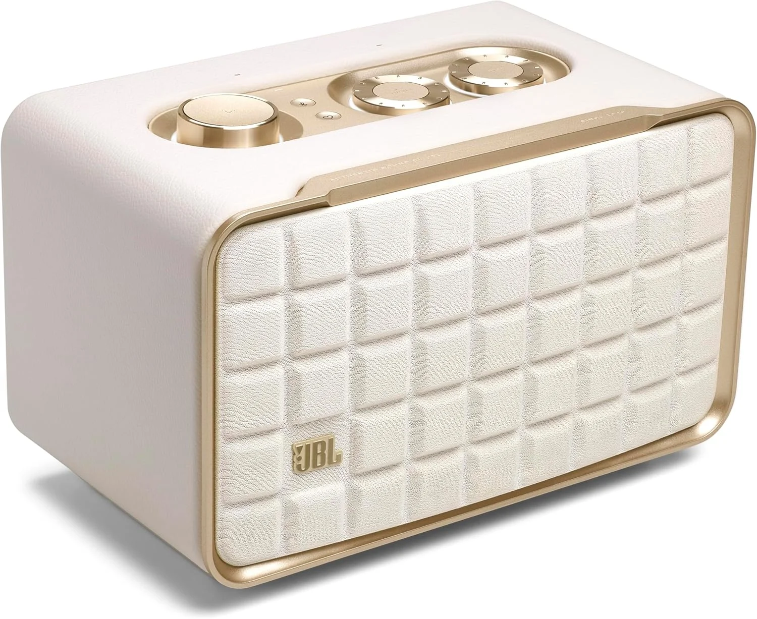 اسپیکر هوشمند خانگی JBL Authentics 200 با طراحی کلاسیک، وای‌فای داخلی، بلوتوث و دستیارهای صوتی، الکسا و گوگل اسیستنت، پخش چند اتاقه، تنظیم خودکار (سفید/طلایی)