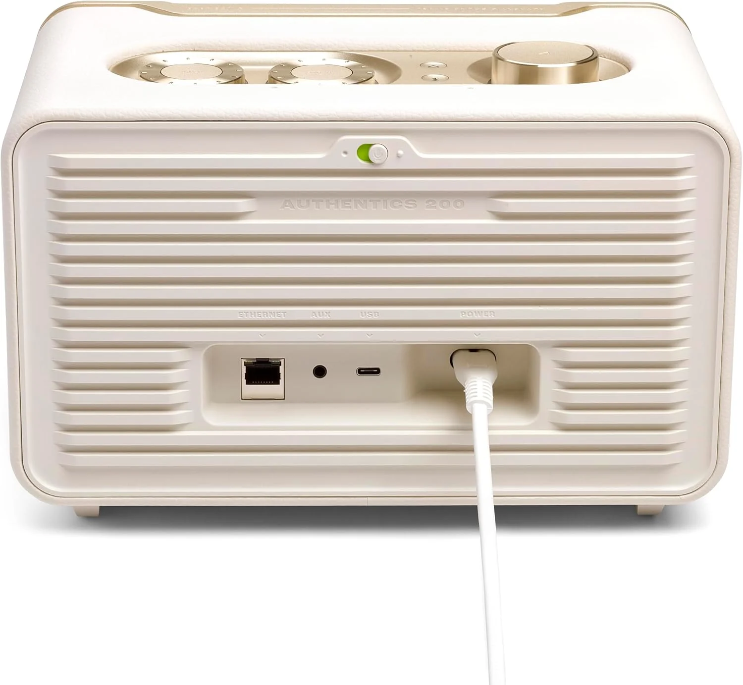 اسپیکر هوشمند خانگی JBL Authentics 200 با طراحی کلاسیک، وای‌فای داخلی، بلوتوث و دستیارهای صوتی، الکسا و گوگل اسیستنت، پخش چند اتاقه، تنظیم خودکار (سفید/طلایی)