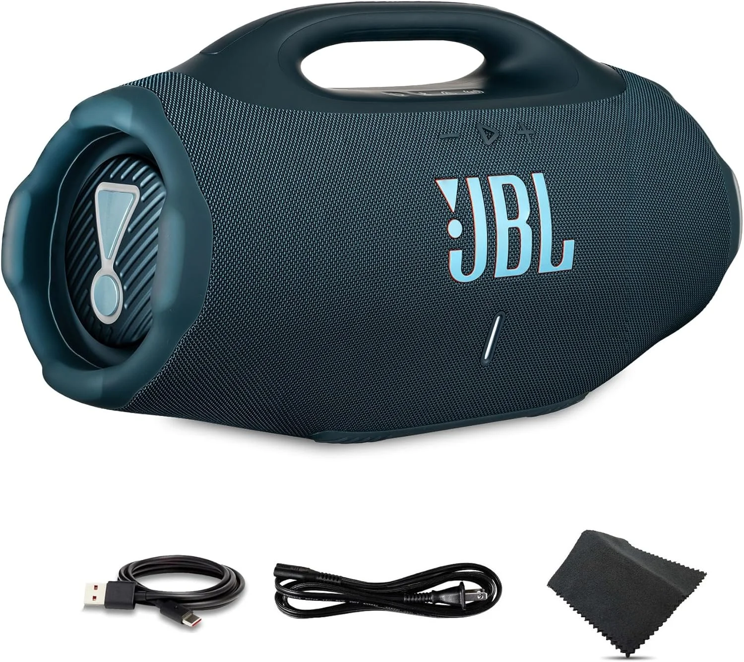 اسپیکر بلوتوثی قابل حمل جی‌بی‌ال Boombox 4 (آبی) – صدای حرفه‌ای قدرتمند، حالت‌های بیس دوگانه، مقاوم در برابر آب و گرد و غبار IP68 (JBLBOOMBOX4BUAM) + کابل USB-C + پارچه میکروفایبر