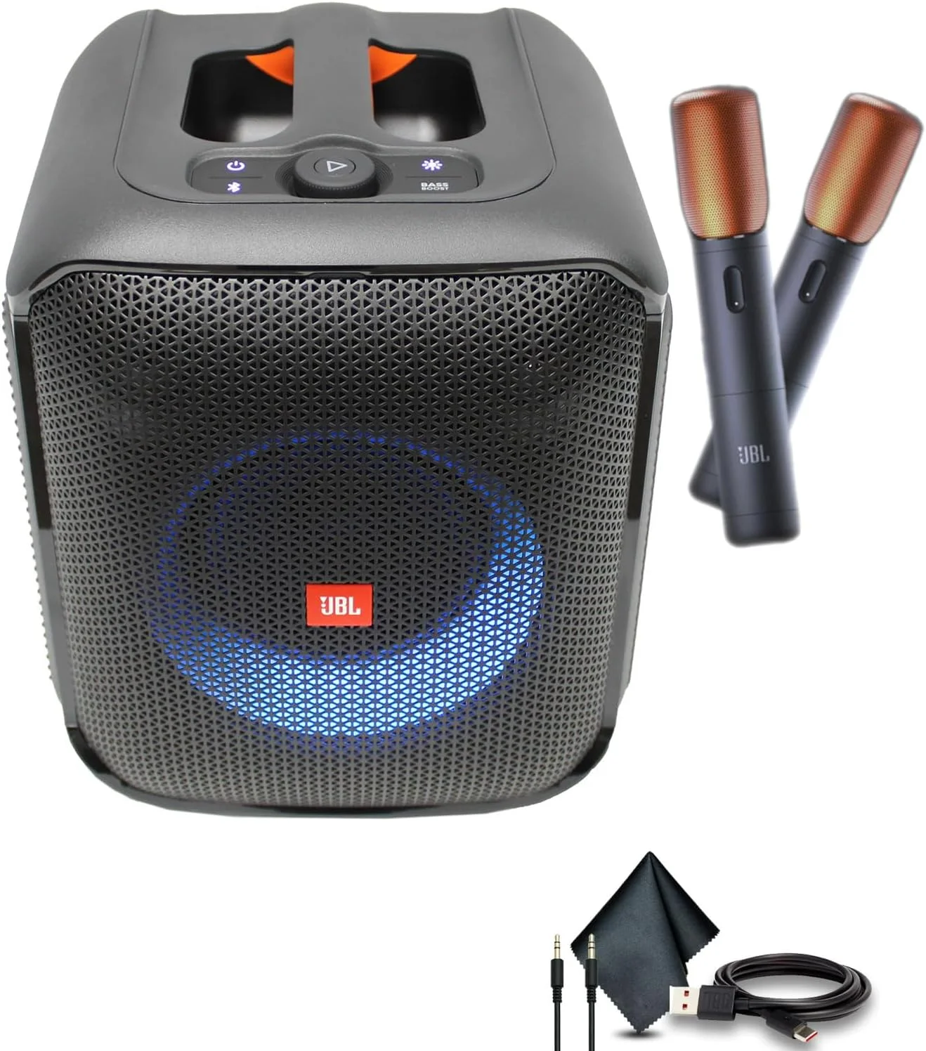 اسپیکر JBL Partybox Encore، صدای 100 واتی، نمایش نور پویا داخلی و طراحی ضد پاشش آب با 2 میکروفون بی سیم (JBLPBENCORE2MICAM) + کابل AUX + کابل USB-C + موارد دیگر
