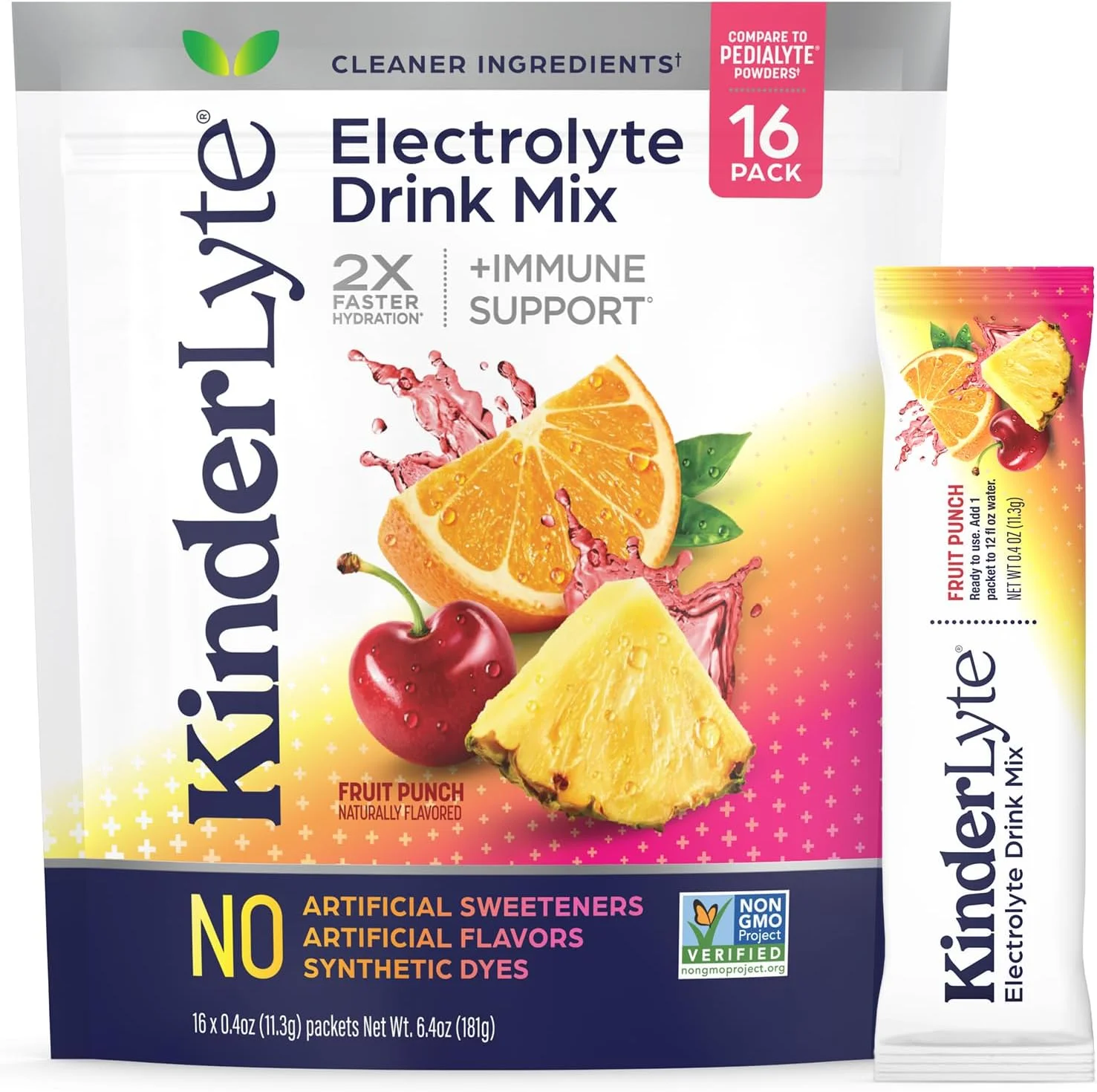 مخلوط پودری نوشیدنی الکترولیت Kinderlyte، بسته های آبرسانی، بدون شیرین کننده ها یا طعم دهنده های مصنوعی، بدون رنگ های مصنوعی، وگان، غیر GMO، بدون گلوتن، برای کودکان و بزرگسالان، پانچ میوه (16 عدد)