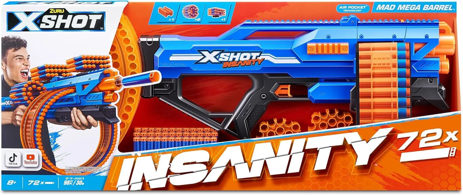 تفنگ اسباب بازی XSHOT Insanity Mad Mega Barrel Blaster (جعبه باز)، تفنگ اسباب بازی هیجان انگیز برای پسران، عالی برای تفریح در فضای باز و ماجراجویی های تعطیلات