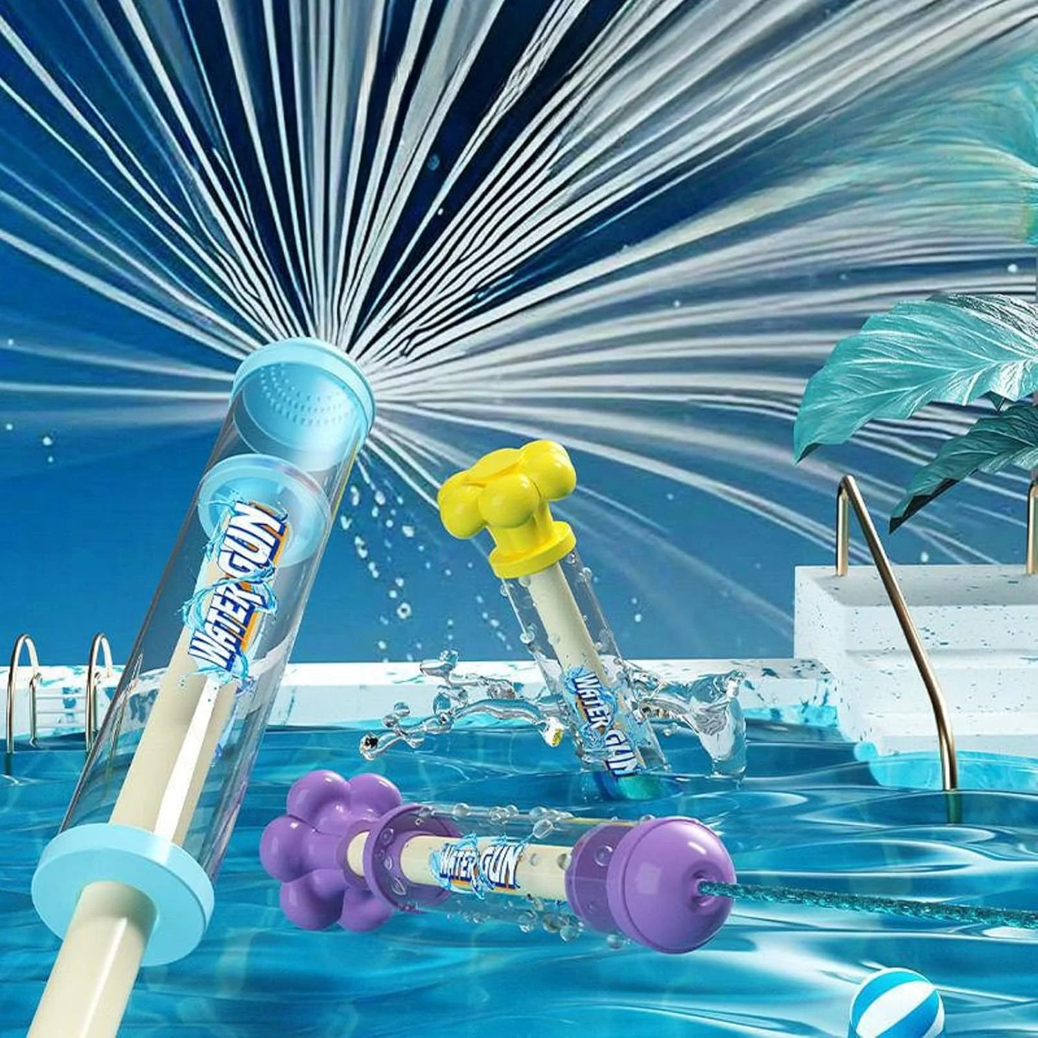 ست ۴ عددی تفنگ آبپاش چند رنگ طرح آتش بازی، اسباب بازی تابستانی، تفنگ آبپاش فشار قوی، مناسب برای بازی های آبی، استخر، مهمانی و سرگرمی، سایز متوسط