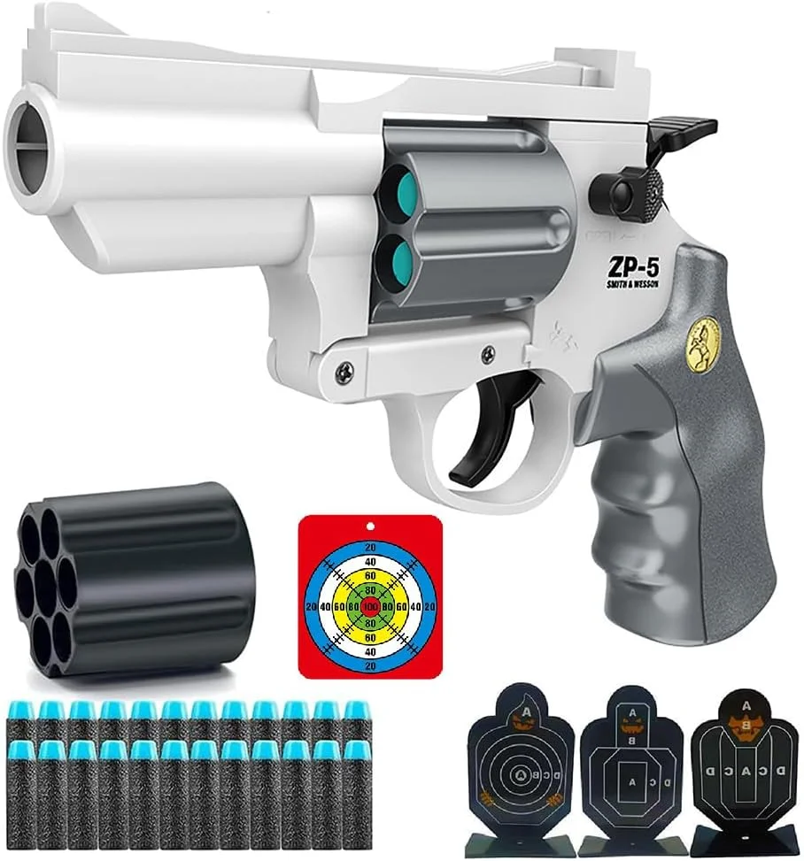 تفنگ اسباب بازی، تفنگ بادی فوم گلوله نرم، مدل هفت تیر واقعی برای آموزش بازی تیراندازی، یک هدیه غافلگیر کننده برای تولد پسران نوجوانان کریسمس (سفید خاکستری)