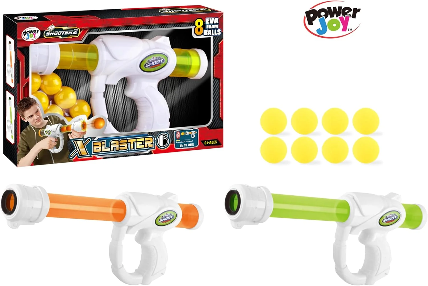 تفنگ پرتاب توپ فومی پاور جوی Shooterz X Blaster 6 به همراه 8 عدد توپ فومی EVA، تفنگ پرتاب دارت، بازی اکشن، اسباب بازی های تیراندازی، بازی در فضای باز و داخل خانه، اسباب بازی پسرانه، 6 سال به بالا