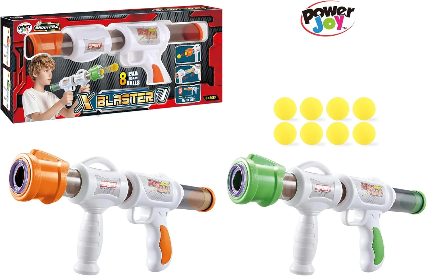 تفنگ پرتاب توپ فومی Power Joy Shooterz X Blaster 7 به همراه 8 توپ فومی EVA، تفنگ پرتابی، بازی اکشن، اسباب بازی تیراندازی، بازی در فضای باز و داخل خانه، اسباب بازی پسرانه، 6 سال به بالا