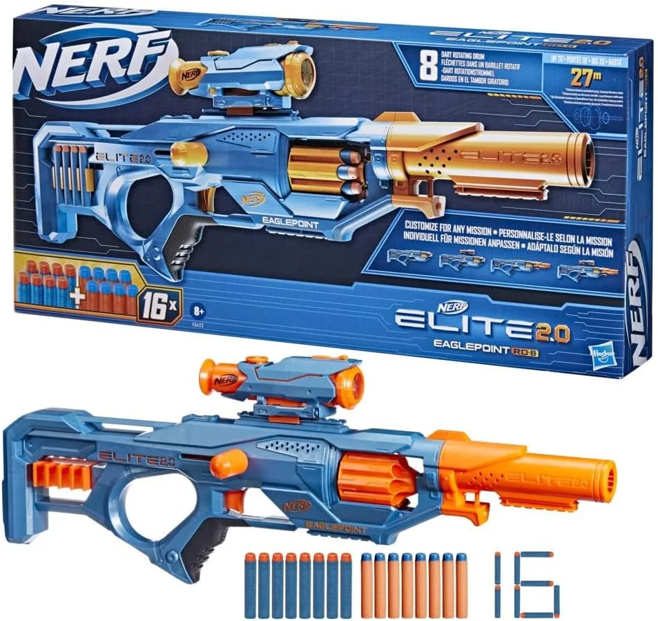 تفنگ اسباب بازی Nerf Elite 2.0 Eaglepoint RD-8، با دوربین و لوله جداشدنی، 16 تیر Nerf، اسباب بازی برای کودکان، نوجوانان و بزرگسالان، اسباب بازی فضای باز برای پسران، هدیه تولد برای کودکان 8 سال به بالا