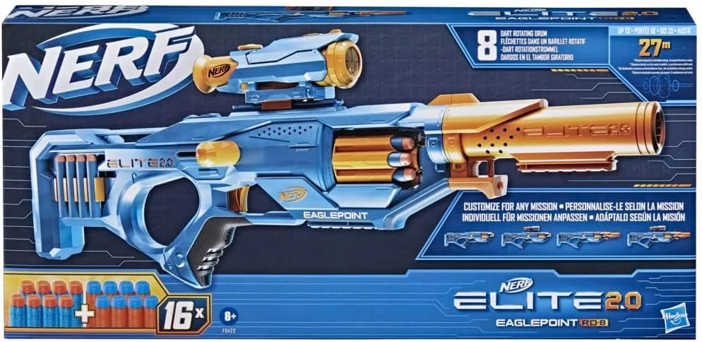 تفنگ اسباب بازی Nerf Elite 2.0 Eaglepoint RD-8، با دوربین و لوله جداشدنی، 16 تیر Nerf، اسباب بازی برای کودکان، نوجوانان و بزرگسالان، اسباب بازی فضای باز برای پسران، هدیه تولد برای کودکان 8 سال به بالا